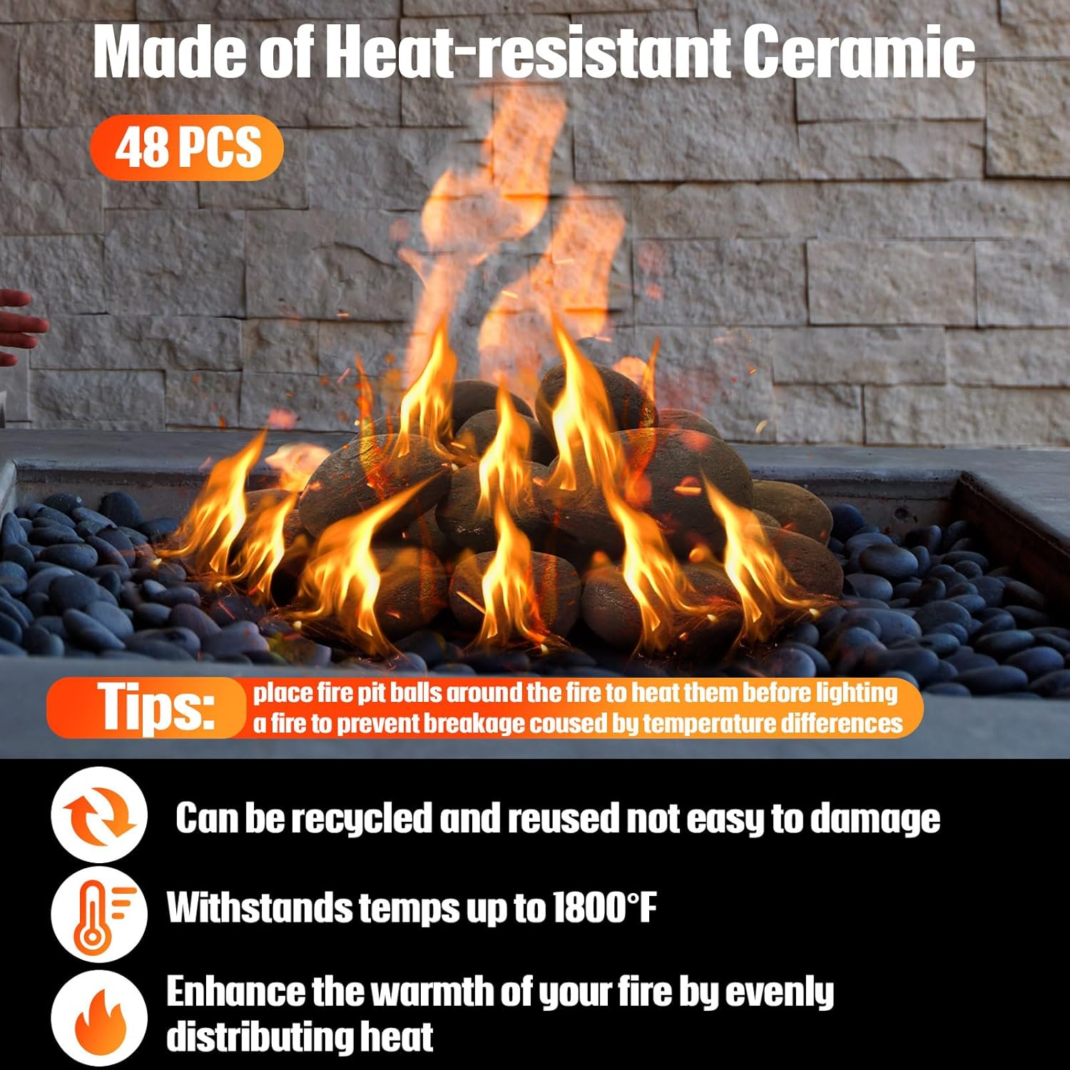 Suzile 48 Pcs Lava Rocks for Fire Pit, 2"-3" Lava Stones Firepit Rocks Lightweight Ceramic Fiber Pebble Stones for Indoor Outdoor Gas Fire Pit and Fireplace(Black)