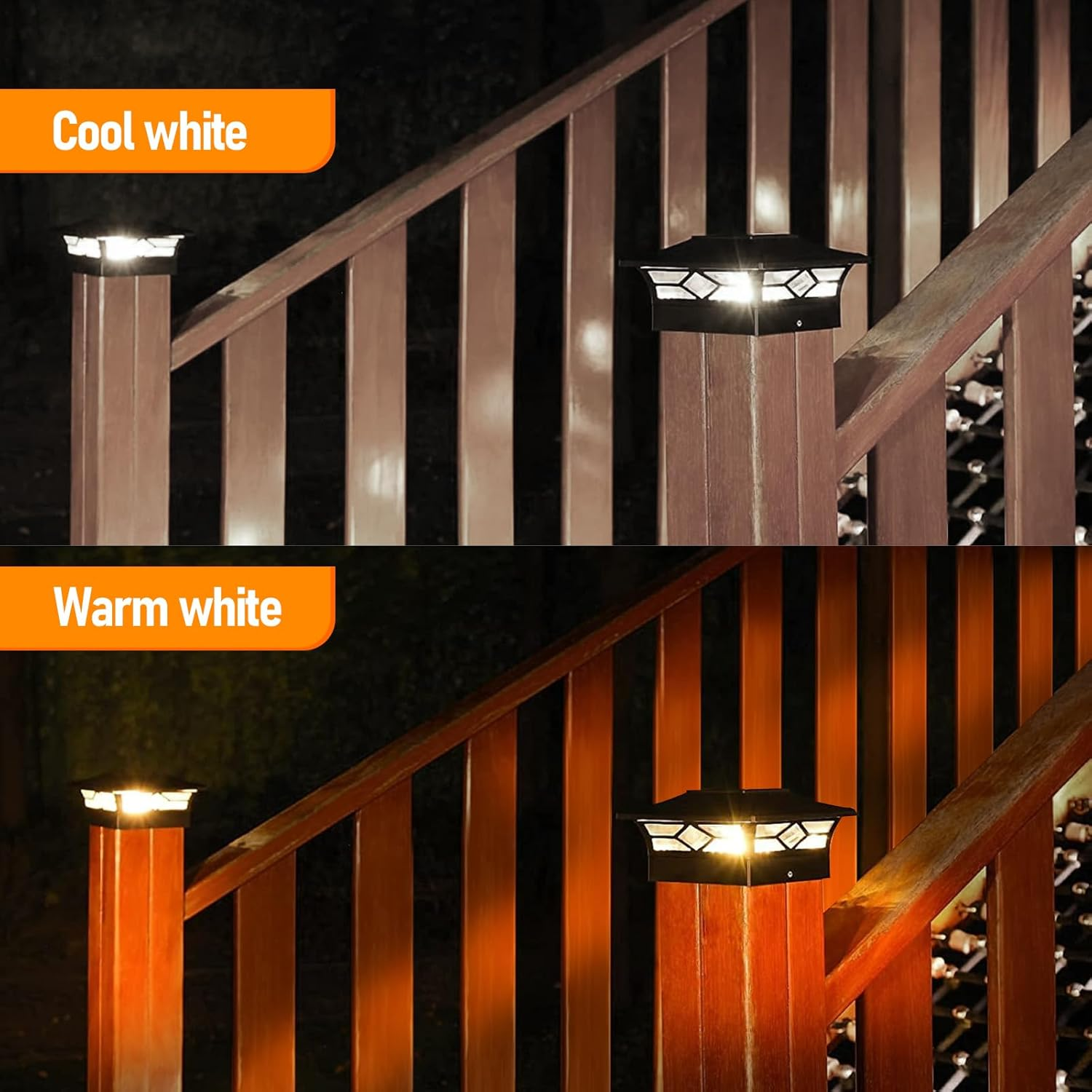 Solar Post Lights Outdoor LED Fence Post Lights for 4X4 5X5 6&times;6 Wooden Posts, Waterproof Patio Garden Decoration Warm White/Cool White Lighting Black (2 Pack)