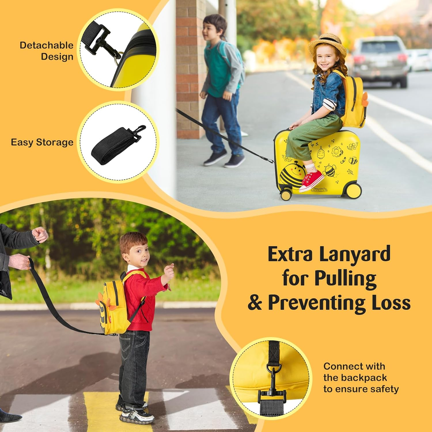 Costway 2 PCS Kids Ride-On Luggage Set, Portable Carry-On Suitcase & Backpack Set W/Anti-Lose Rope, Retractable Rod, Adjustable Strap, Rolling Hardshell Trolley Luggage for over 3 Years Old