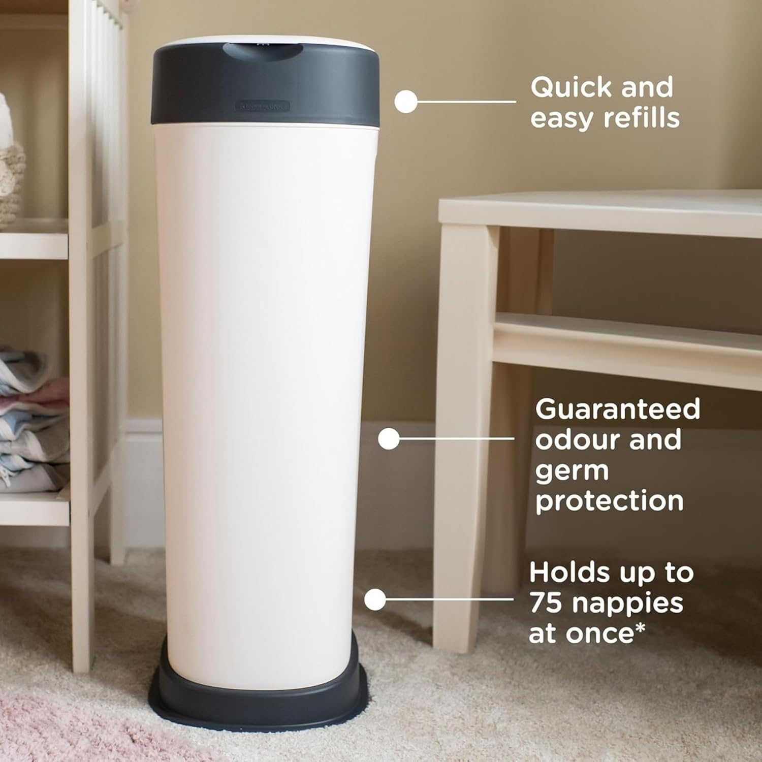 Tommee Tippee Twist and Click Sangenic XL Nappy Bin, Holds up to 60 Nappies, Eco-Friendlier System, Includes 1X Refill Cassette with Sustainably Sourced Antibacterial GREENFILM White