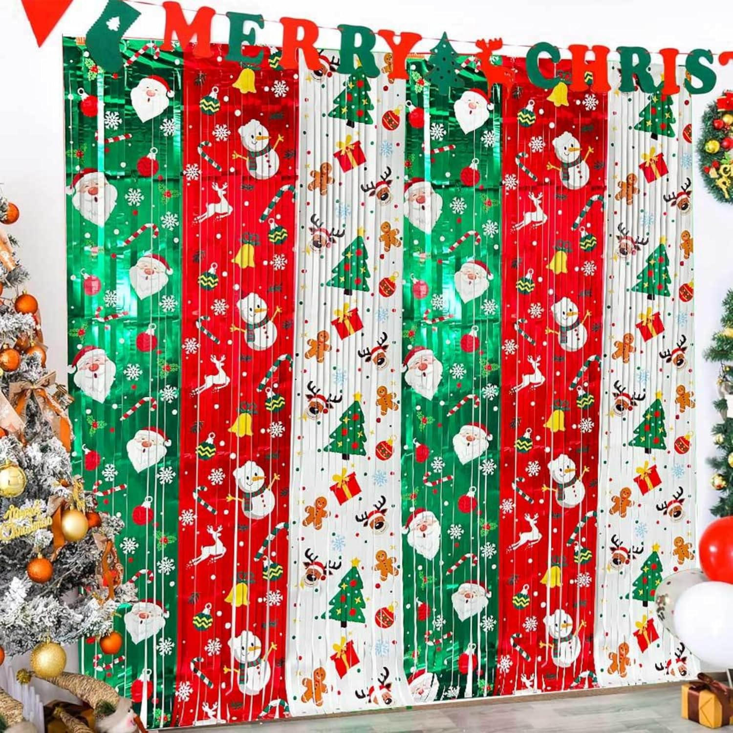 Christmas Foil Fringe Curtains - Santa Snowman Tree Design 100X200Cm Red White Green Tinsel Backdrop for Xmas in July, Aussie Christmas Parties, Photo Booth Decorations（3 Pack ） image number 1