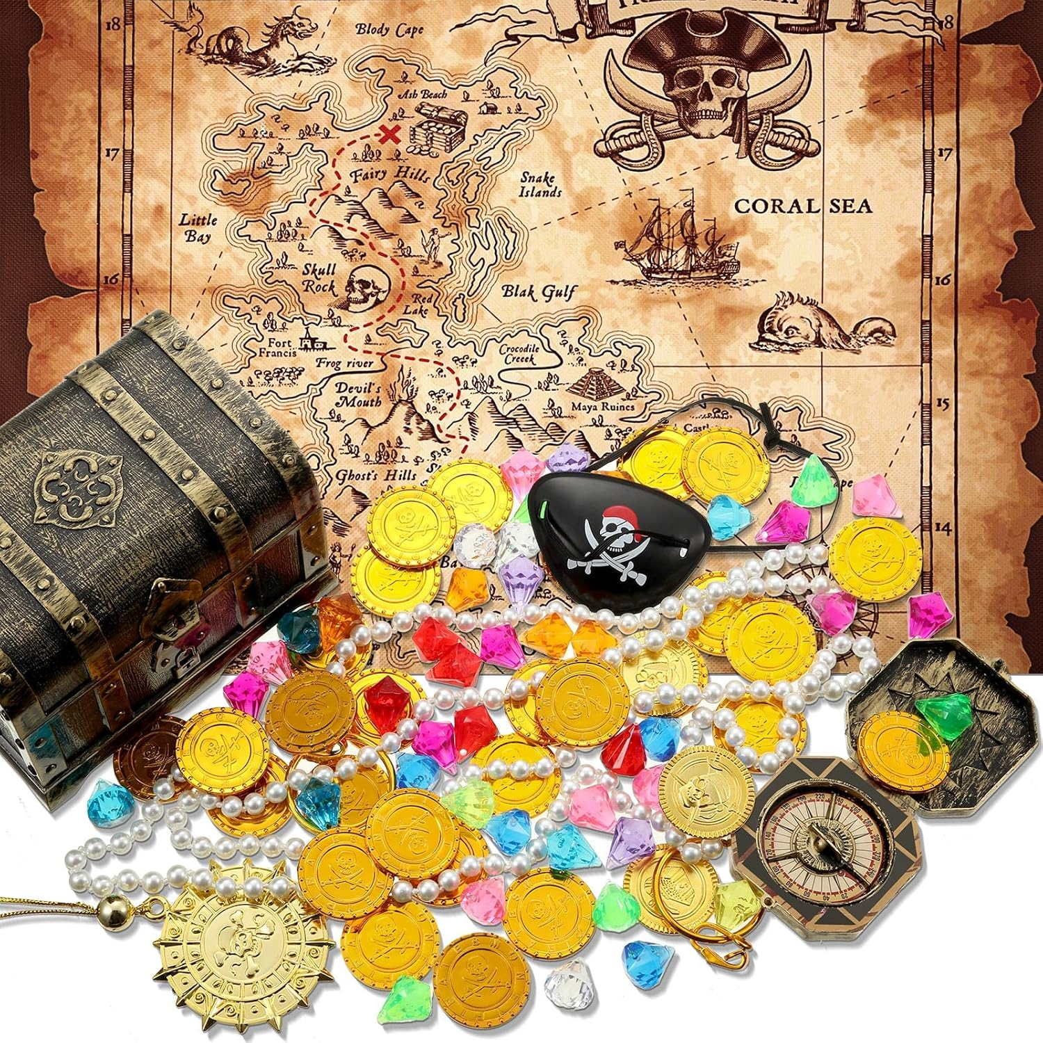 89 Pieces Pirate Treasure Chest Toy Kit Vintage Pirate Treasure Chest Pirate Eye Patch Gold Earrings Gold Coin Gems Plastic Toy Compass Pirate Map for Cosplay Themed Party Favors (Creative Style) image number 6