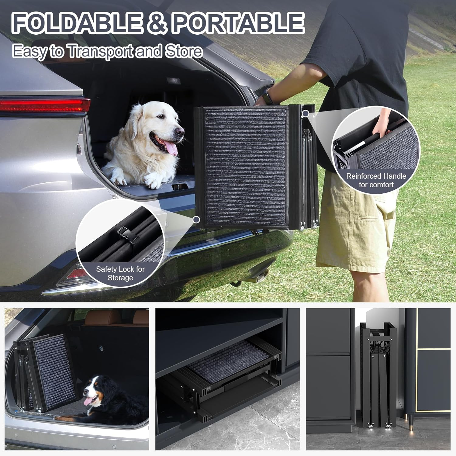 Dog Ramp for Car, 63" Long & 17" Wide Folding Portable Pet Stair Ramp with Non-Slip Rug Surface, Extra Wide Dog Steps for Medium & Large Dogs up to 250LBS Enter a Car, SUV & Truck image number 4