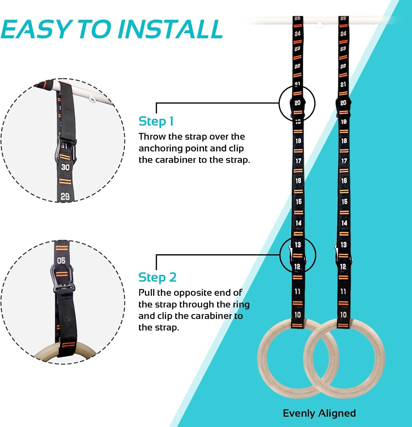 Wooden Gymnastics Rings with Adjustable Numbered Straps. Olympic Rings for Core Workouts, Weight Training. Home Indoor Gymnastics Hoop Set, Exercise Rings 1600 Lbs with Workout Handles image number 5