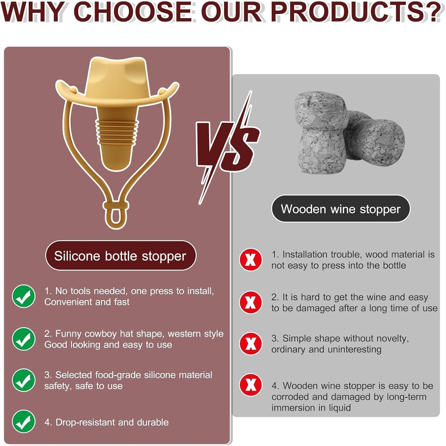 Xinghonyac 4 Pcs Silicone Wine Stoppers, Cowboy Hat Wine Stopper, Reusable Sparkling & Champagne Corks, Sealed Beverages Beer Bottle Caps, Keeps Wine Fresh image number 1