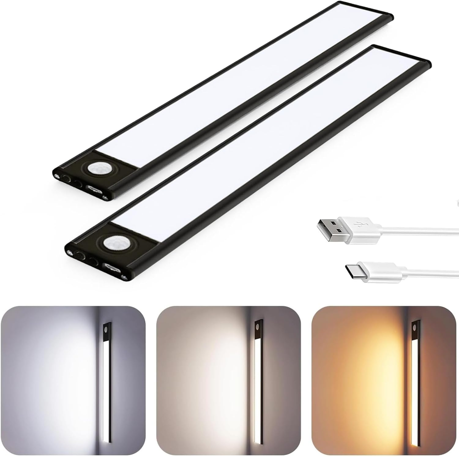 Under Cabinet Light, 2 Pack Motion Sensor Lights, USB Rechargeable LED Strip Lights Night Lighting Bars with Large Capacity Battery Operated for Home Kitchen,20Cm, Black image number 2