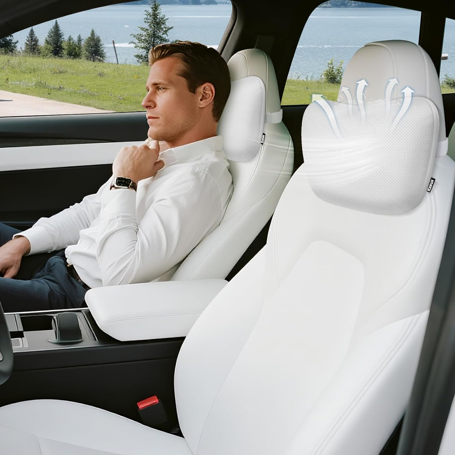 Kzeux Upgraded Car Seat Neck Pillow - Adjustable Height Headrest Cushion - for Tesla Models 3/Y/S/X High Elastic Pearl Cotton Interior and Ventilated Nappa Leather - Neck Pain Relief (1 Pack White)