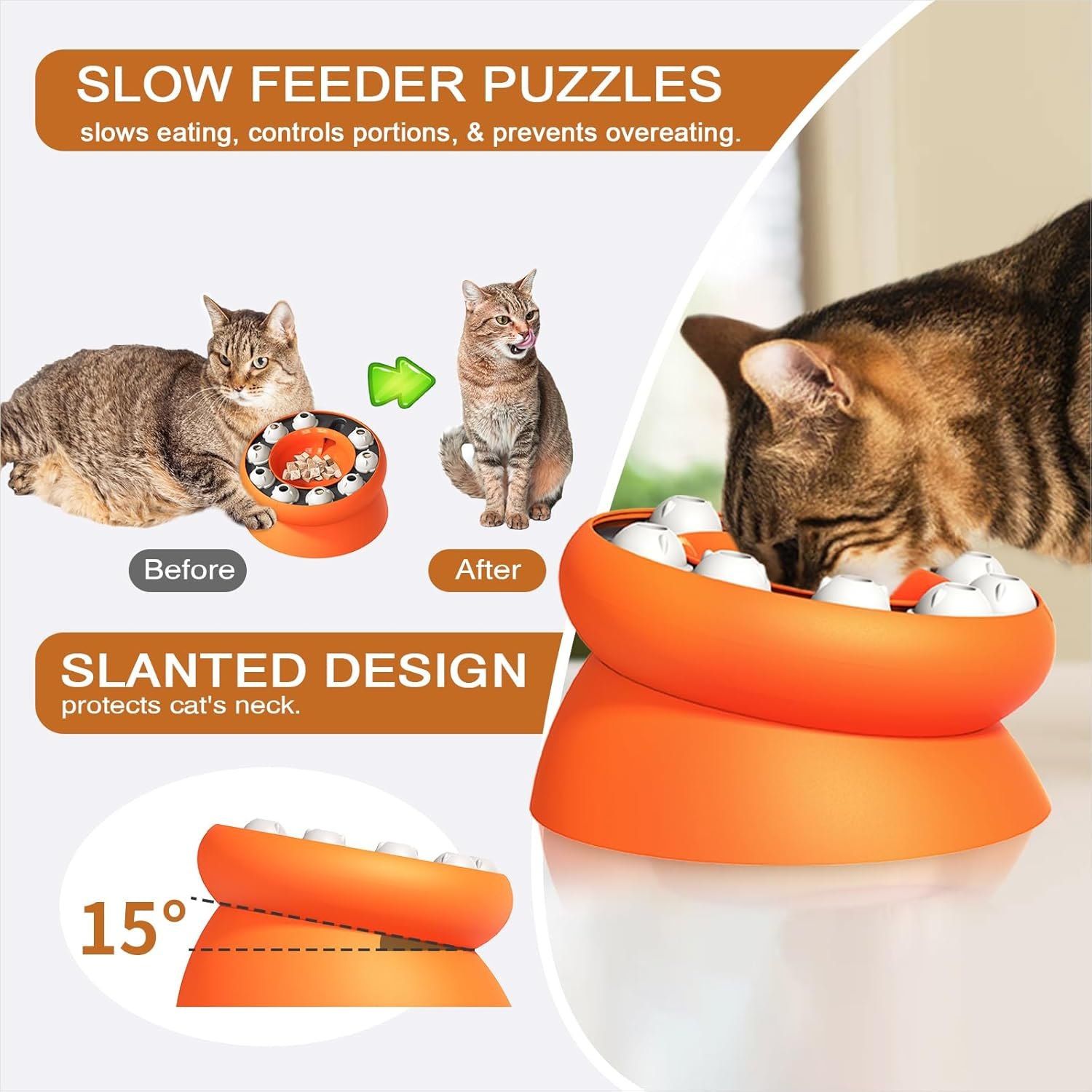 Interactive Slow Feeder & Puzzle Toy for Cats and Small Dogs - Treat Dispenser, Spill-Proof Food Bowl for Mental Stimulation, Foraging & Fun (Orange) image number 4