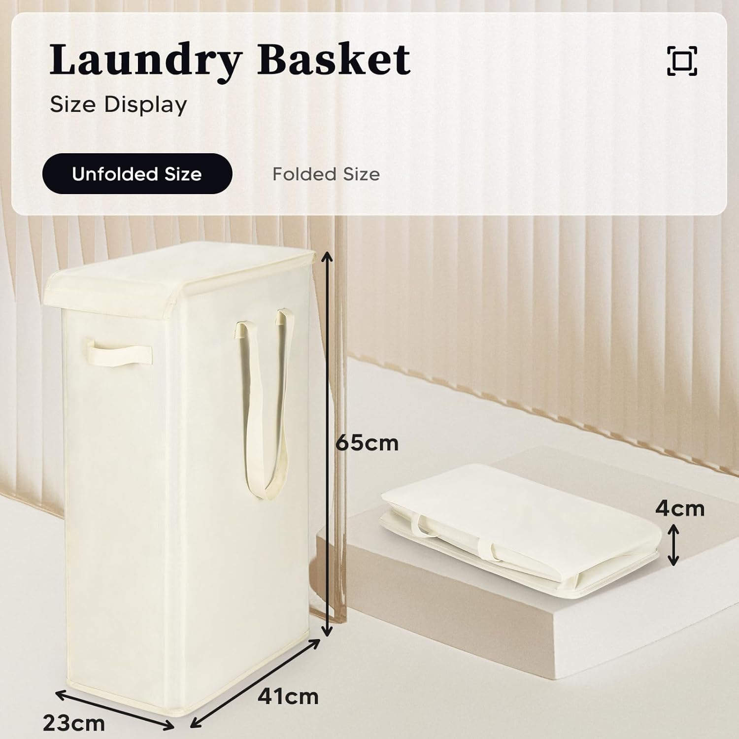 Rieeyrslza Slim Laundry Hamper with Lid 55L Thin Dirty Clothes Basket with Long Handle, Narrow Laundry Bag, Foldable Dirty Hamper, Narrow Dirty Clothes Hamper for Closet and Bathroom, Beige image number 1