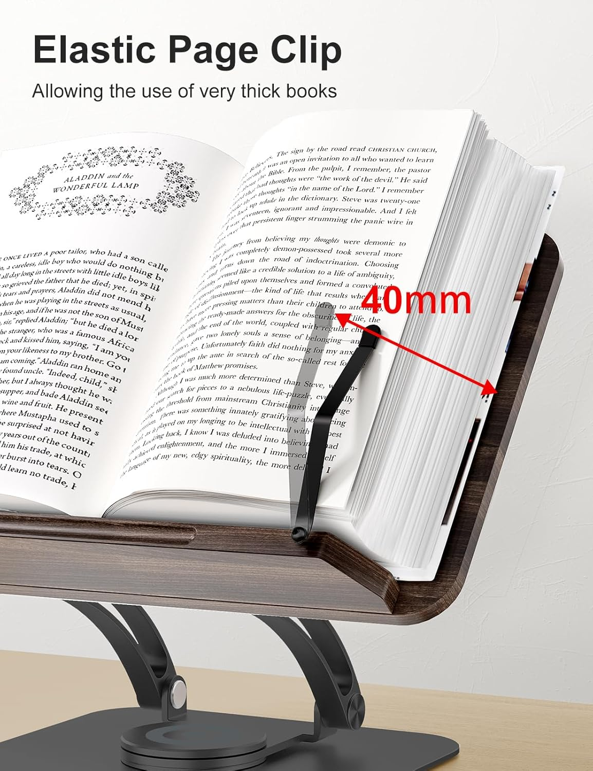 Tounee Book Stand for Reading, Adjustable Book Holder with 360&deg; Swivel Base, Foldable Cookbook Stand Recipe Book Holder with Elastic Page Clips for Music Scores, Recipe, Magazines, Laptop (Black) - Silver image number 6