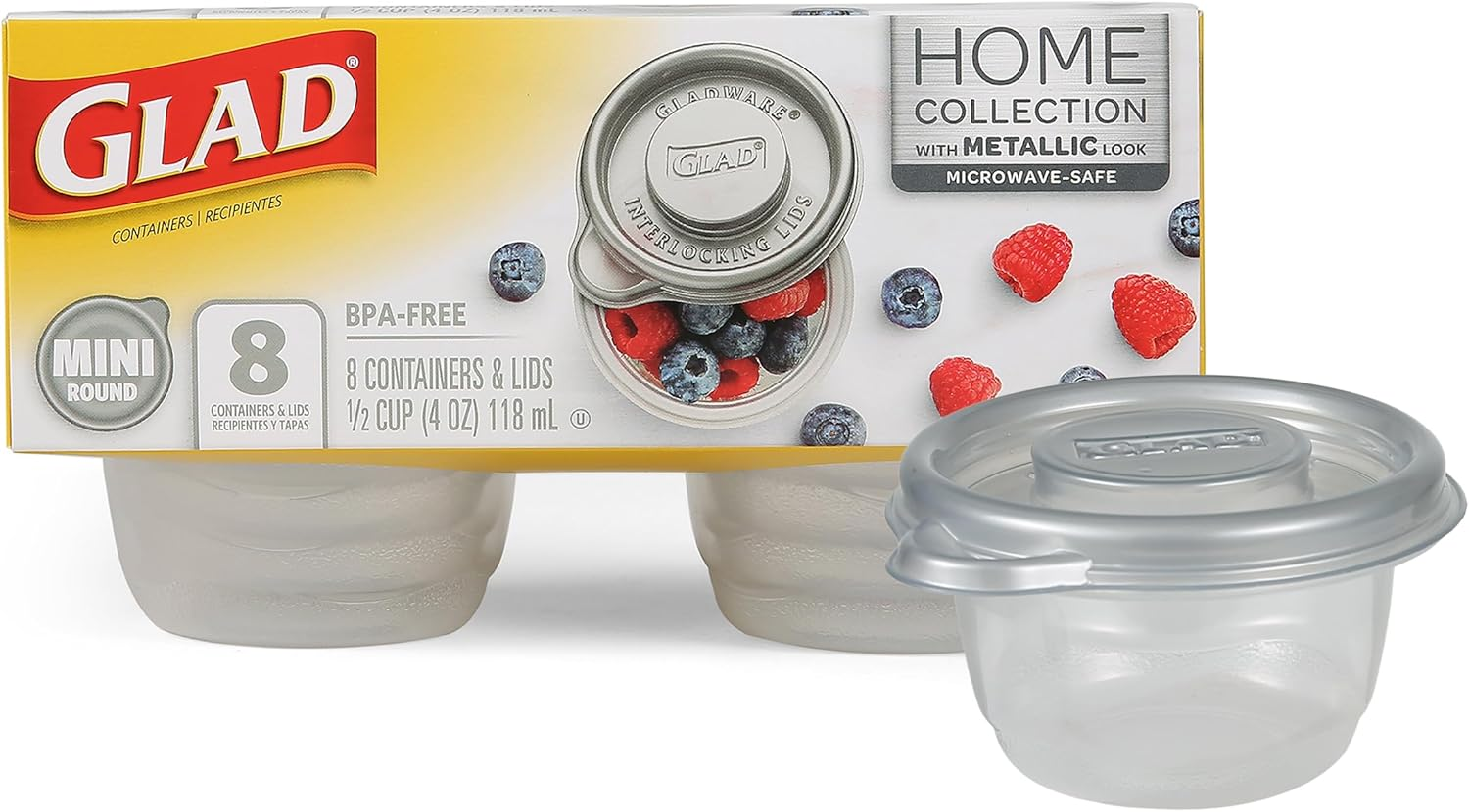 Gladware Home Mini round Food Storage Containers, Small Food Containers Hold 4 Ounces of Food, 8 Count Set | with Glad Lock Tight Seal, BPA Free Containers and Lids