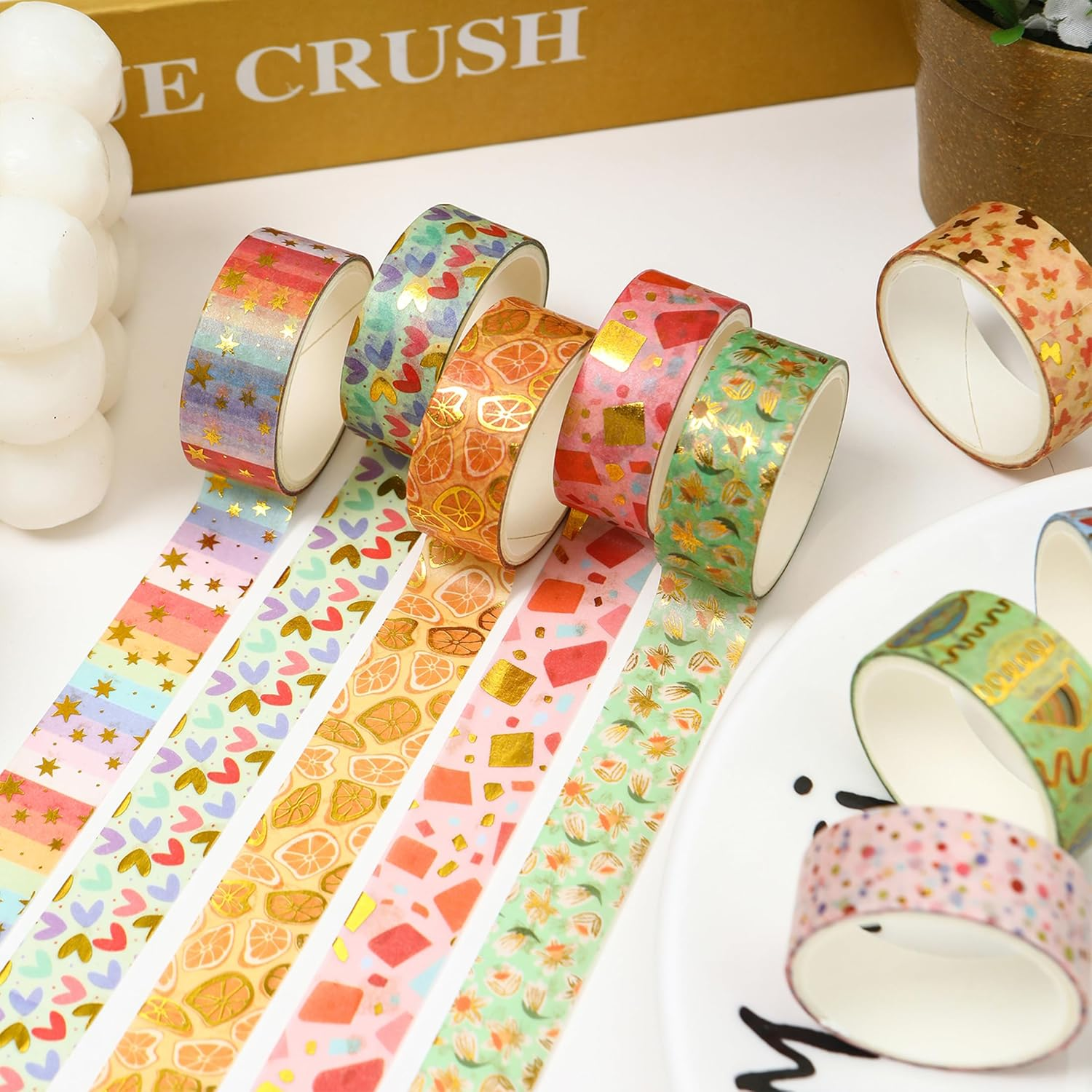 Songdao 12 Rolls Charming Washi Tape Set Gold Silver Foil Detailing Arts Adhesive Tapes Basic Patterns Decorative Masking Tape Sets for Craft, Kids, Scrapbook, DIY, Gift Wrapping (Whimsical Pastels) - Fruits Feast image number 5