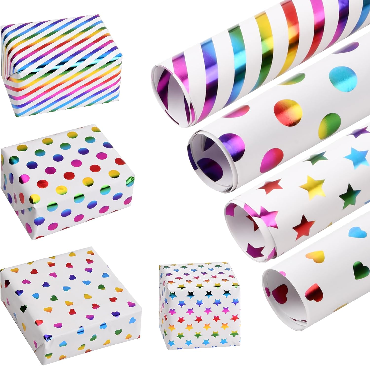 4 Sheets of Colourful Gift Wrapping Paper 27 * 19In Colourful Gift Packaging Set, Gift Wrapping Paper Mini Roll with Iridescent Stripes Printed Paper, Diy Wrapping Paper for Birthday Wedding Holiday image number 1