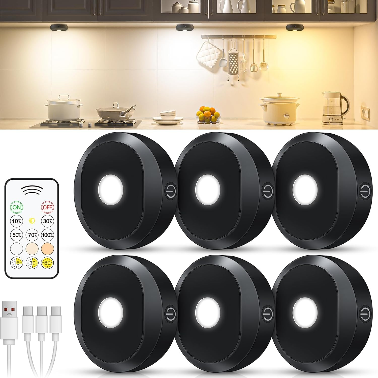 WILLED under Cabinet Lighting Wireless,Rechargeable Puck Lights with Remote Control,Battery Tap Light Stick On,3 Colors and Timer Function LED Lights for Kitchen,Cabinet,Counter,Closet,Shelf,6 Pack