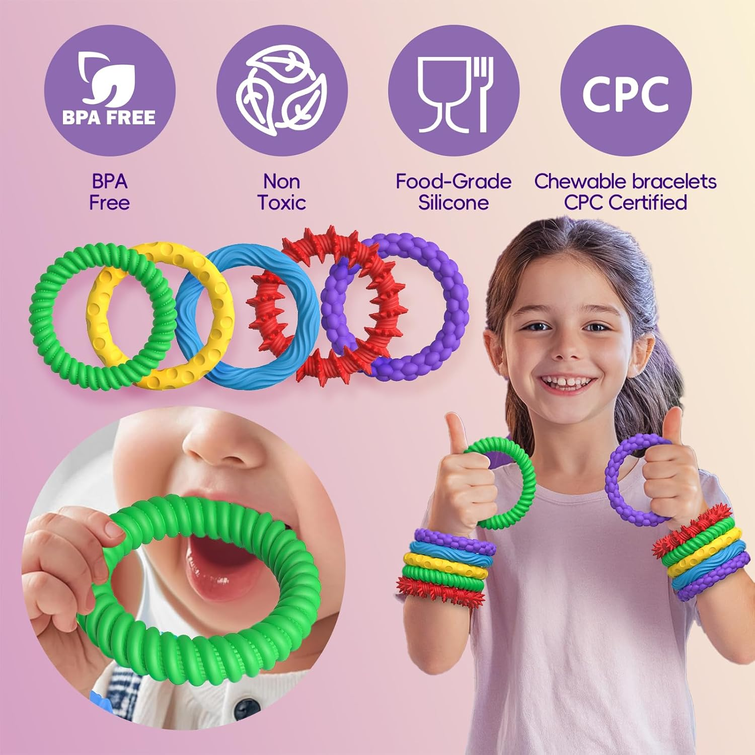 5Pcs Stretchy Sensory Fidget Bracelet Toy for Kids - Chewable Quite Fidget for Autism, ADHD, Anxiety Relief, Special Needs, Classroom Prizes, Calm down Toy for Toddler,Birthday Gift Party Favors image number 4