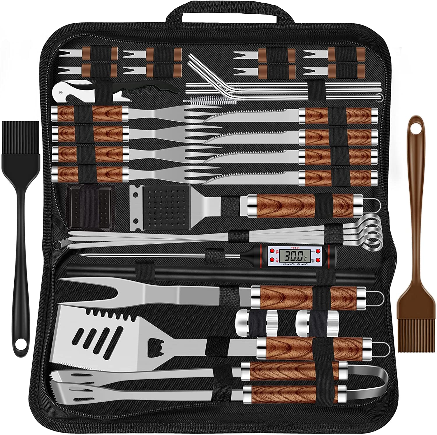 38-Piece BBQ Barbecue Cutlery Set Stainless Steel Barbecue Accessories for Men Gift Birthday High-Quality Barbecue Utensils Set Case with Grill Case and Grill Mat for Garden and Camping