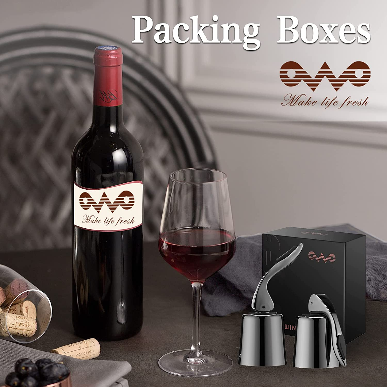 OWO Stainless Steel Wine Bottle Stopper, Reusable Wine Saver with Silicone Seal, Decorative Bottle Sealer, Keeps Fresh (Metal Black, 2 Pack) image number 5