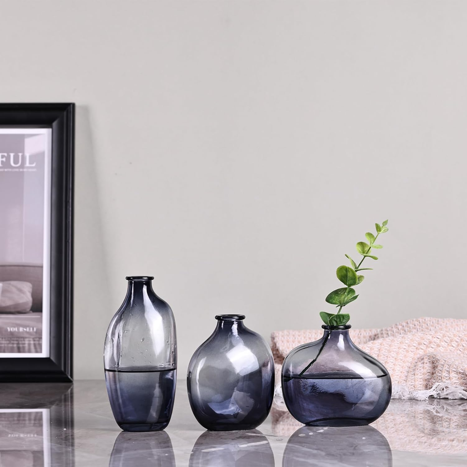 Set of 3 Light Blue Glass Bud Vases, Modern Decorative Fresh Flowers Small Vases for Home Table Centerpieces Wedding Parties Office Kitchen Shelves Decorative Bulk Mini Vases. - Green image number 7