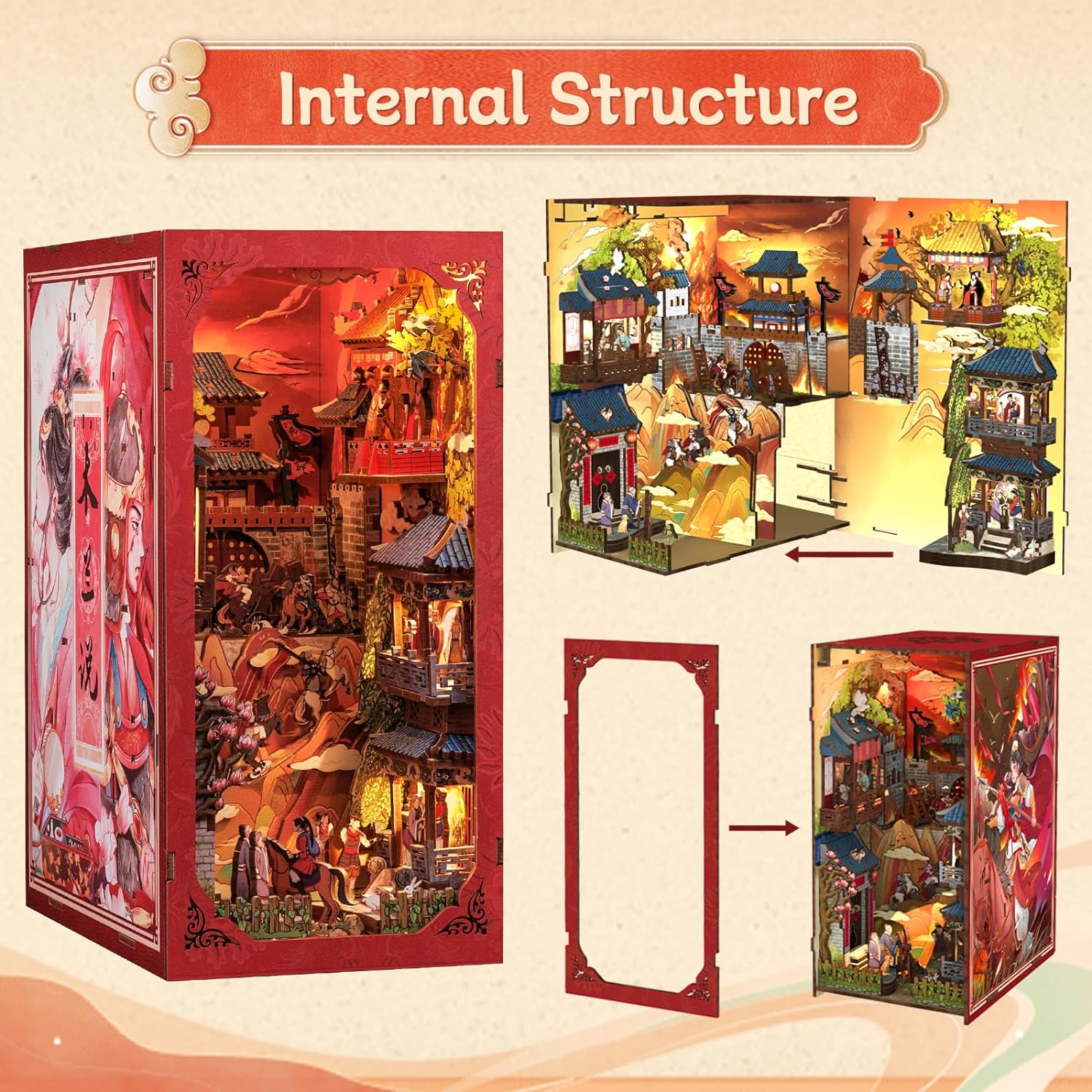 CUTEBEE DIY Book Nook Kit, 3D Wooden Puzzle Dollhouse Kit Miniature House Kit Booknook Model Kits Tiny House Kits for Gift Book Nook Kits for Teens and Adults (The Lenged of Mulan)
