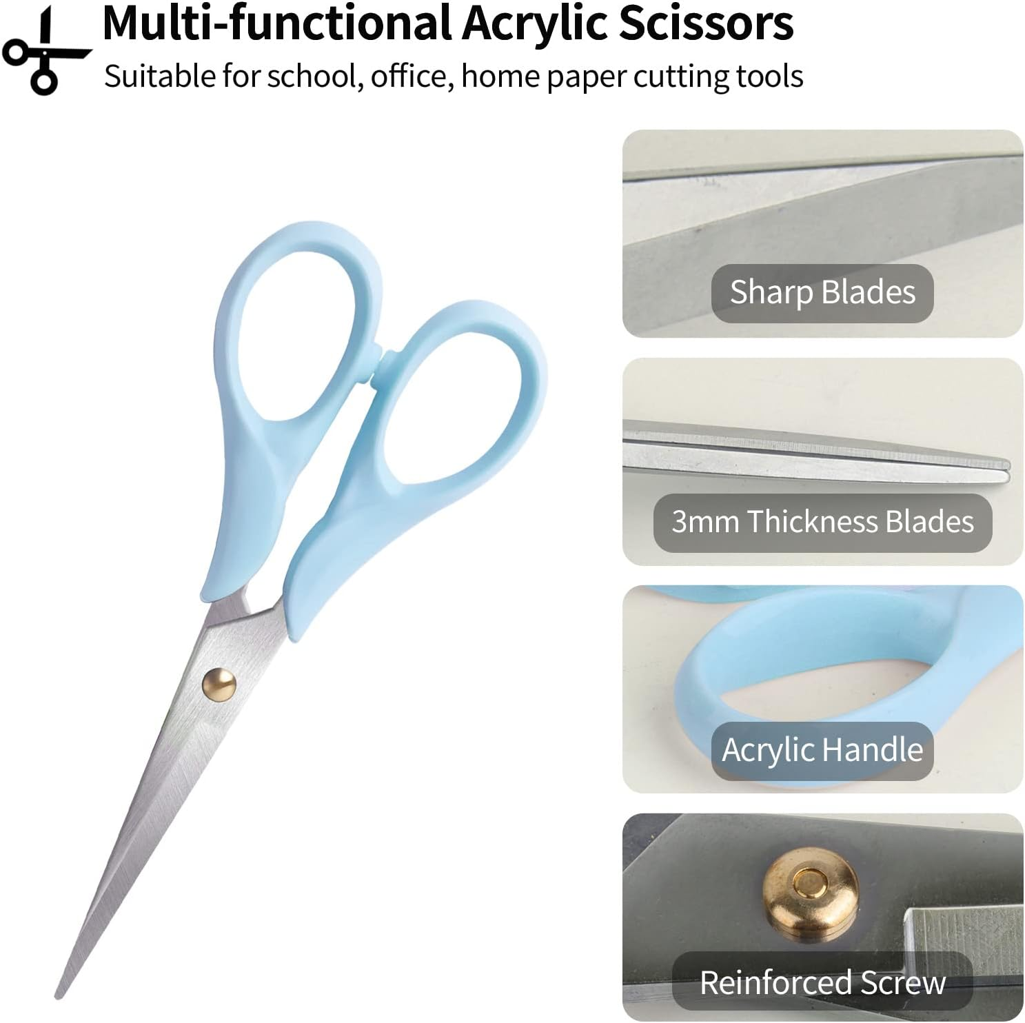 Scissors Blue, Stainless Steel Blade with Acrylic Handle, All Purpose Scissor for Office, School, Home, Fabric Shears, Tijeras image number 4