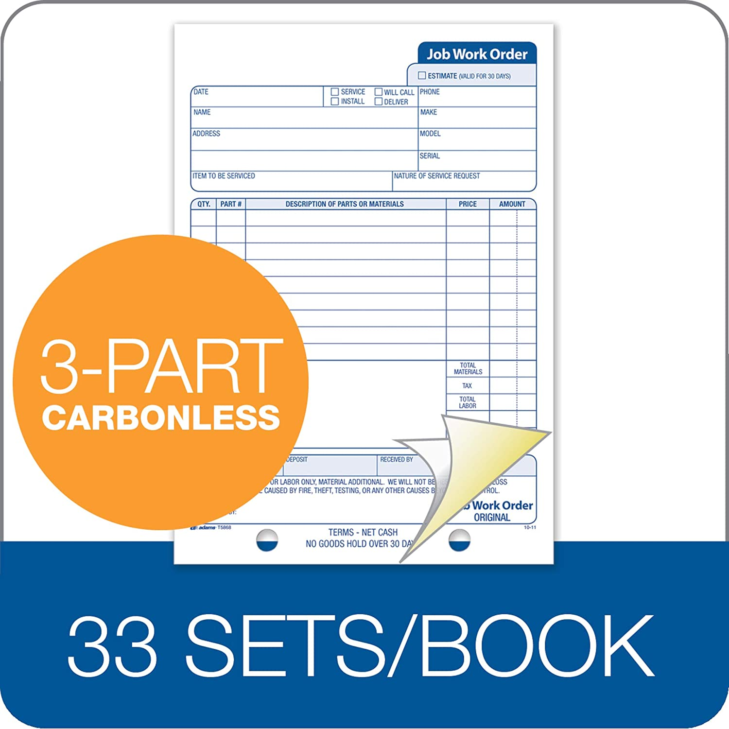 Adams Job Work Order Book, 5.56 X 8.44 Inch, 3-Part, Carbonless, 33 Sets, White and Canary (T5868) image number 2