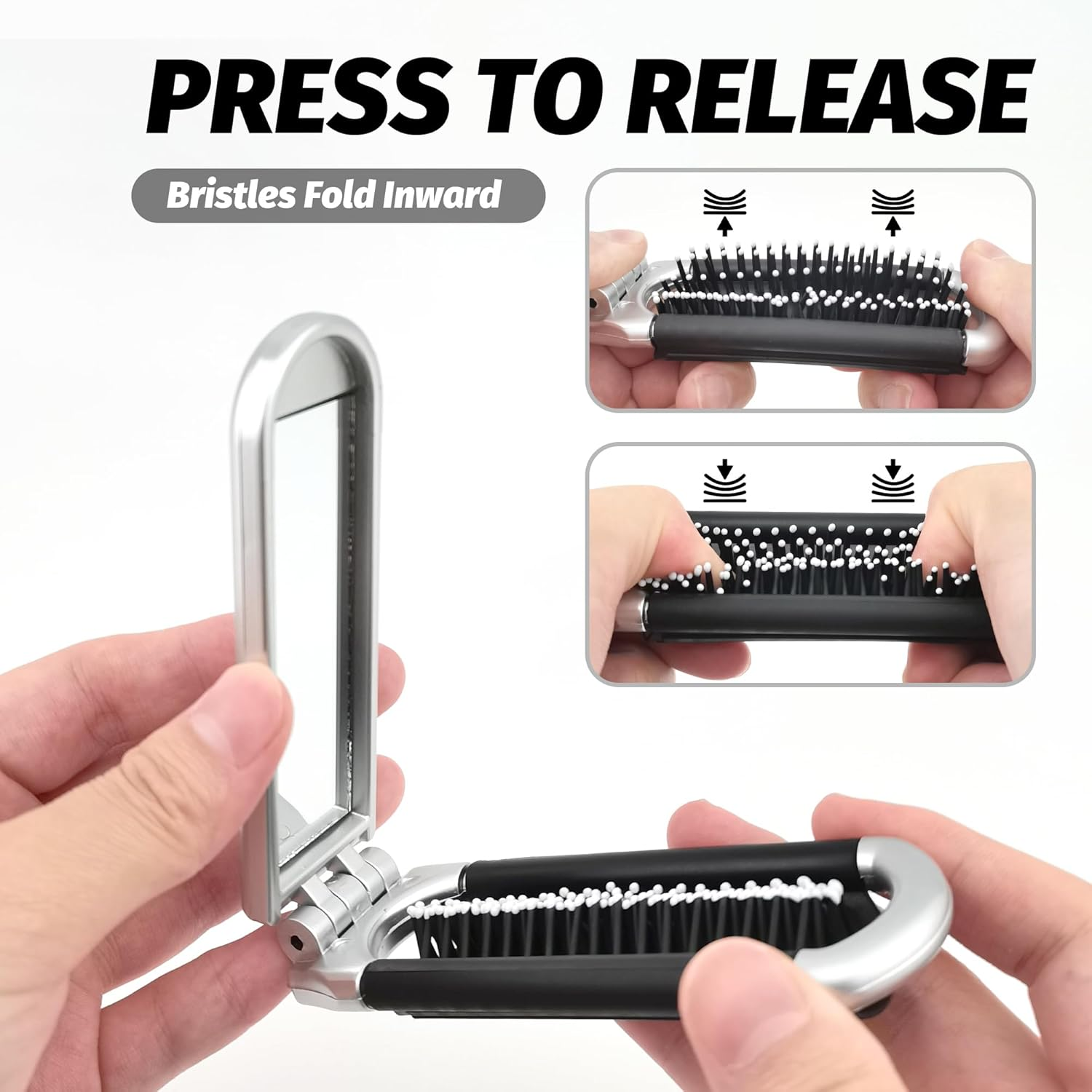 Blingkingdom Folding Hair Brush with Mirror, Small Compact Travel Portable Pocket Size Comb with Soft Bristles Styling Foldable Hairbrush for Travelling Swimming Gym Bag image number 2