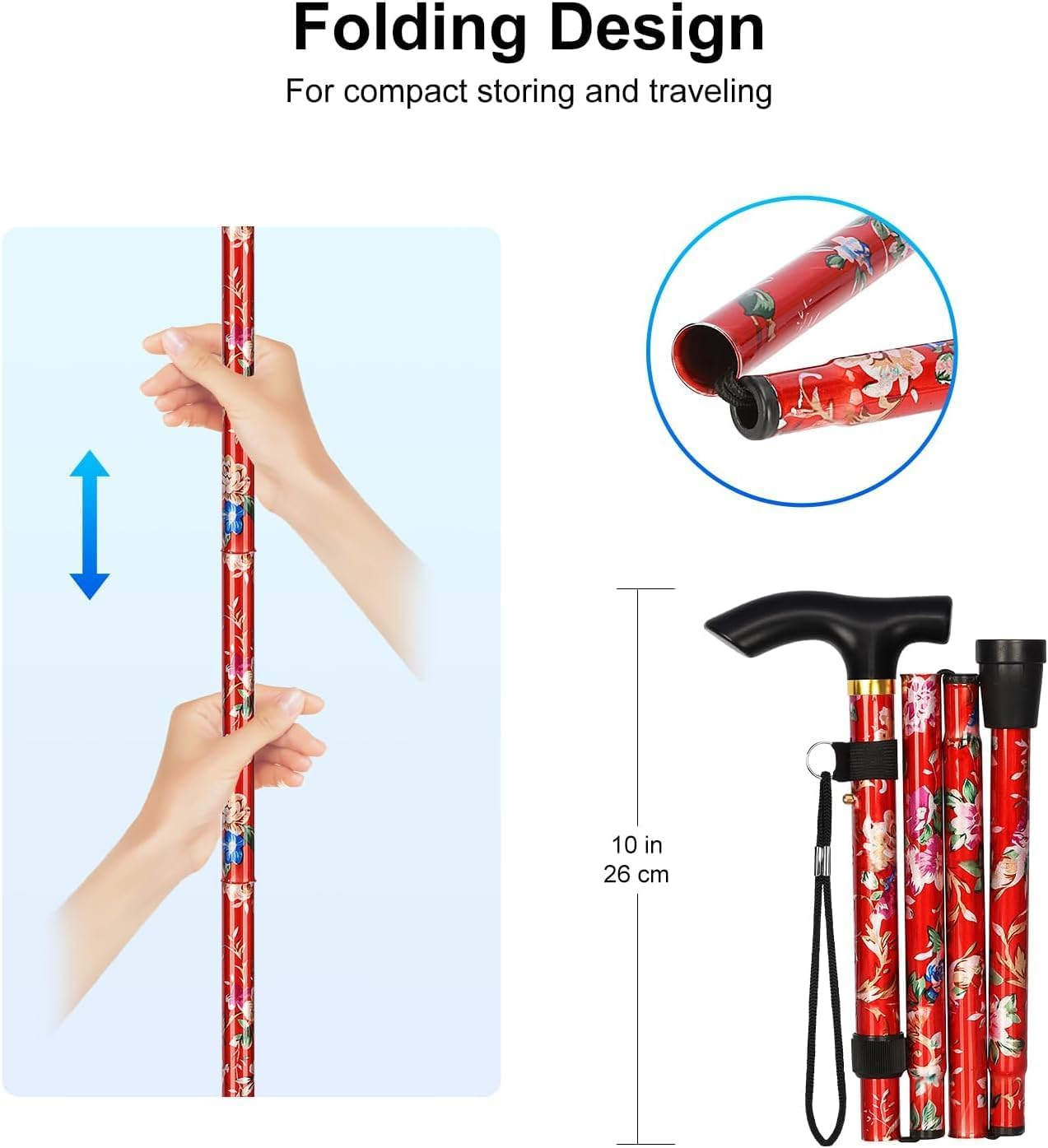 Folding Cane, Portable Cane, Hiking Camping Mountaineering Adjustable Walking Stick, Suitable for Outdoor Mountaineering Enthusiasts and Elderly People with Limited Mobility (Red) image number 2