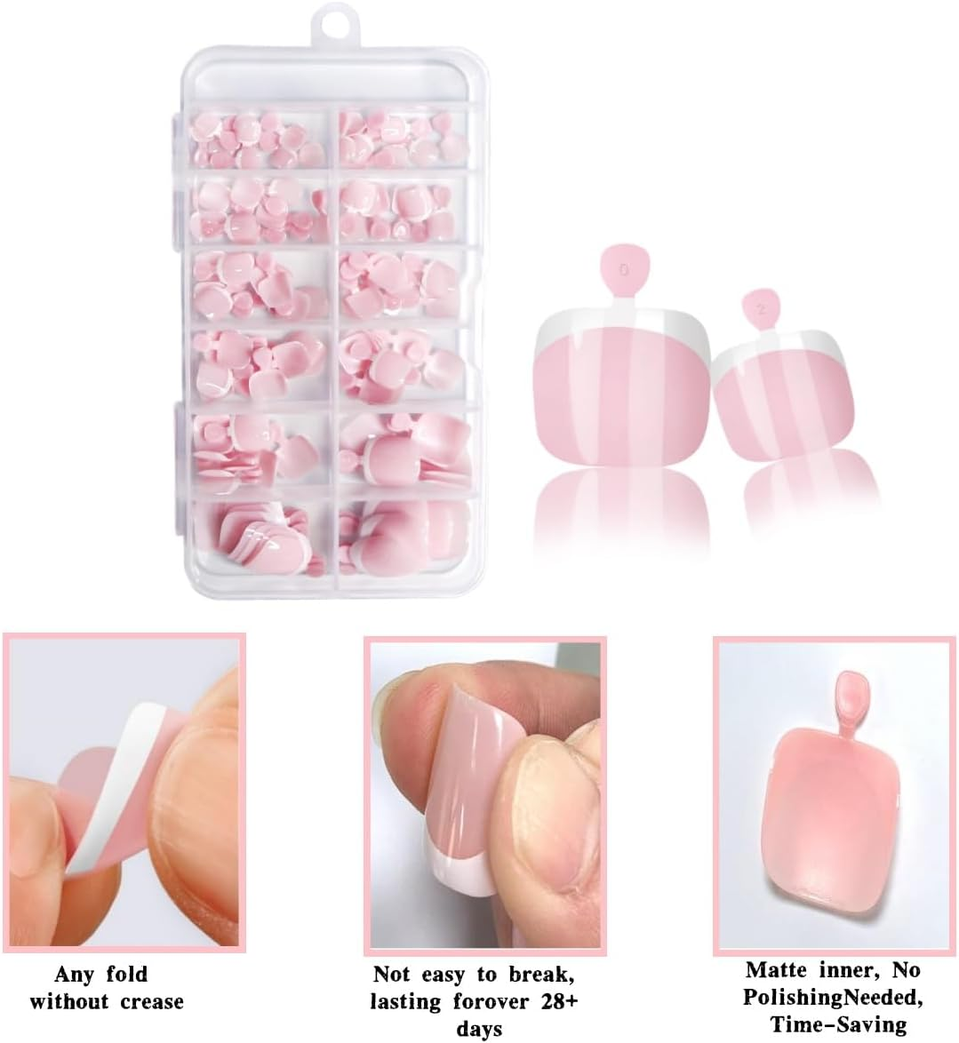 120 Pieces Zxjsisy of White-Edge Pink Fake Toenails, Pink Full Coverage Fake Nails, Short Square Gel Toenail Pieces, Suitable for DIY Manicures and Nail Salons image number 4