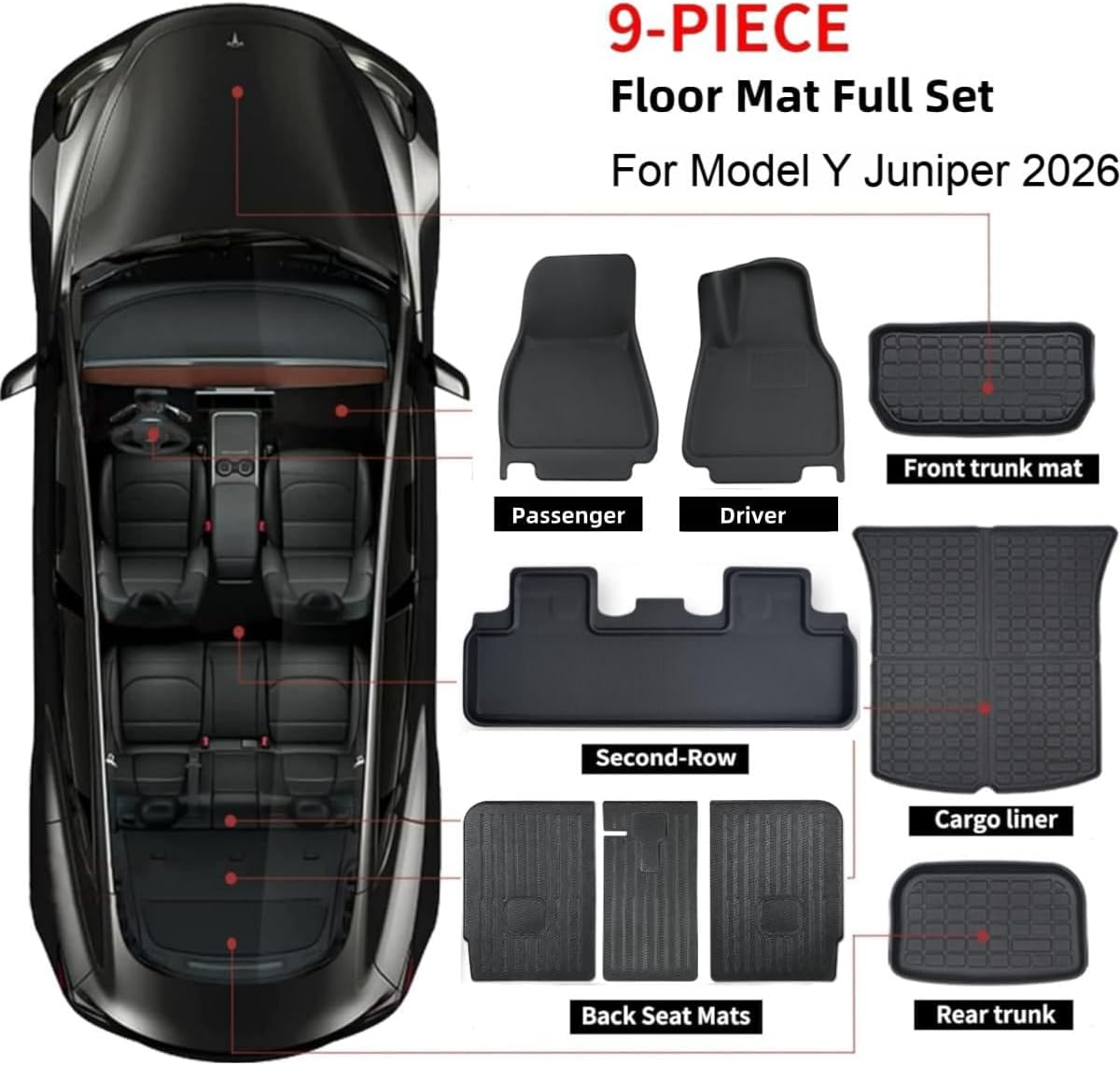 9-Piece RHD 2026 Tesla Model Y Juniper, All-Weather Floor & Cargo Mat Set (5-Seater), Automotive Accessories Trunk Floor Mats & Cargo Liners (9Pcs Model Y Juniper 5 Seater) image number 5