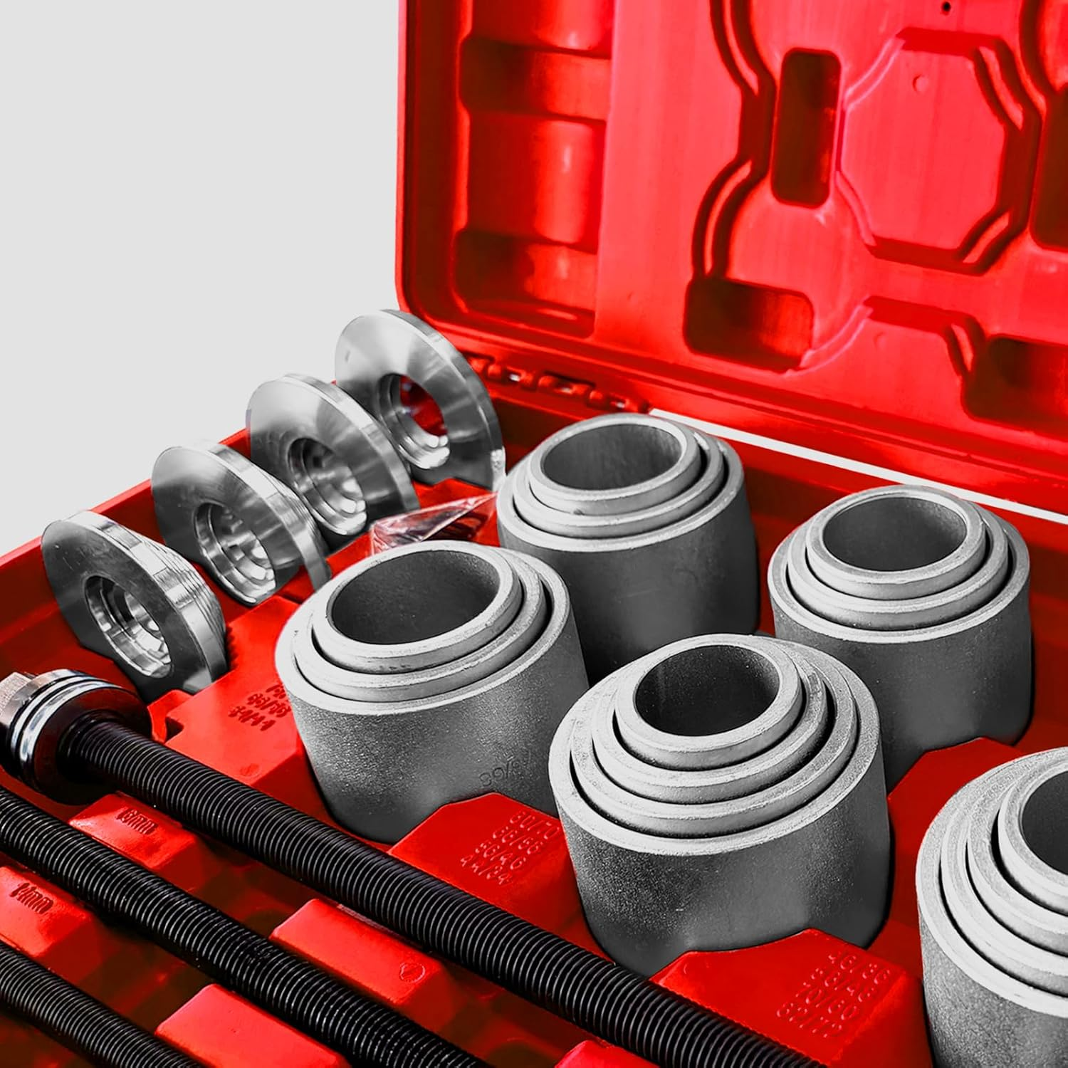 28Pcs Bush Removal Kit Bush Bearing Seals Press Pull Sleeve Tool Kit Set Auto Car Repair Tool Master Press Bearings Bushes Seals Removal Red/Blue (Red) image number 3