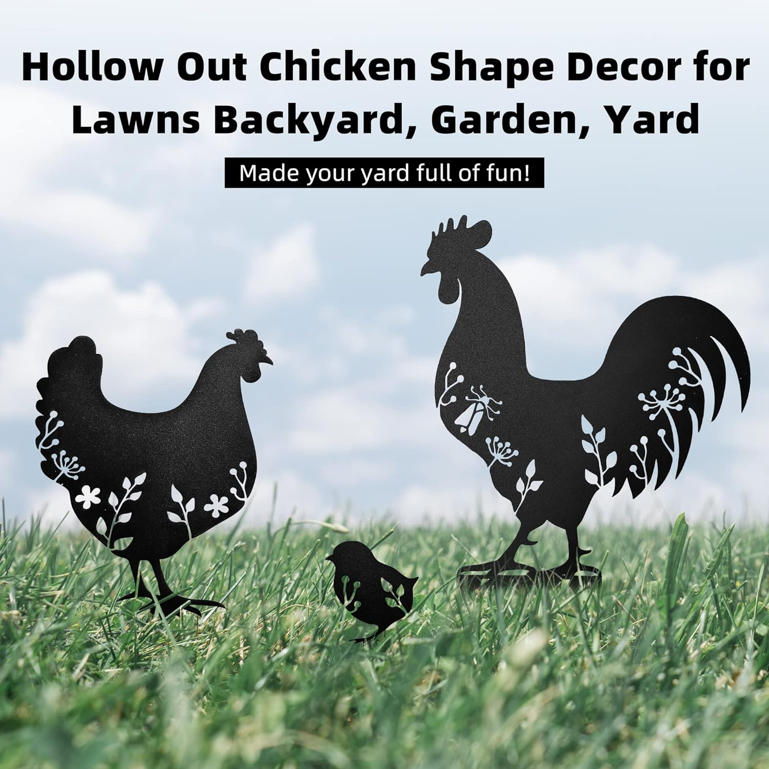 KOLYMAX 3 PCS Metal Chicken Yard Art Garden Decorative Stake Hollow Out Animals Silhouette Statue Decor, Chickens Family Silhouette Sets for Pathway, Floor, Garden, Lawn, Outdoor Decoration image number 3