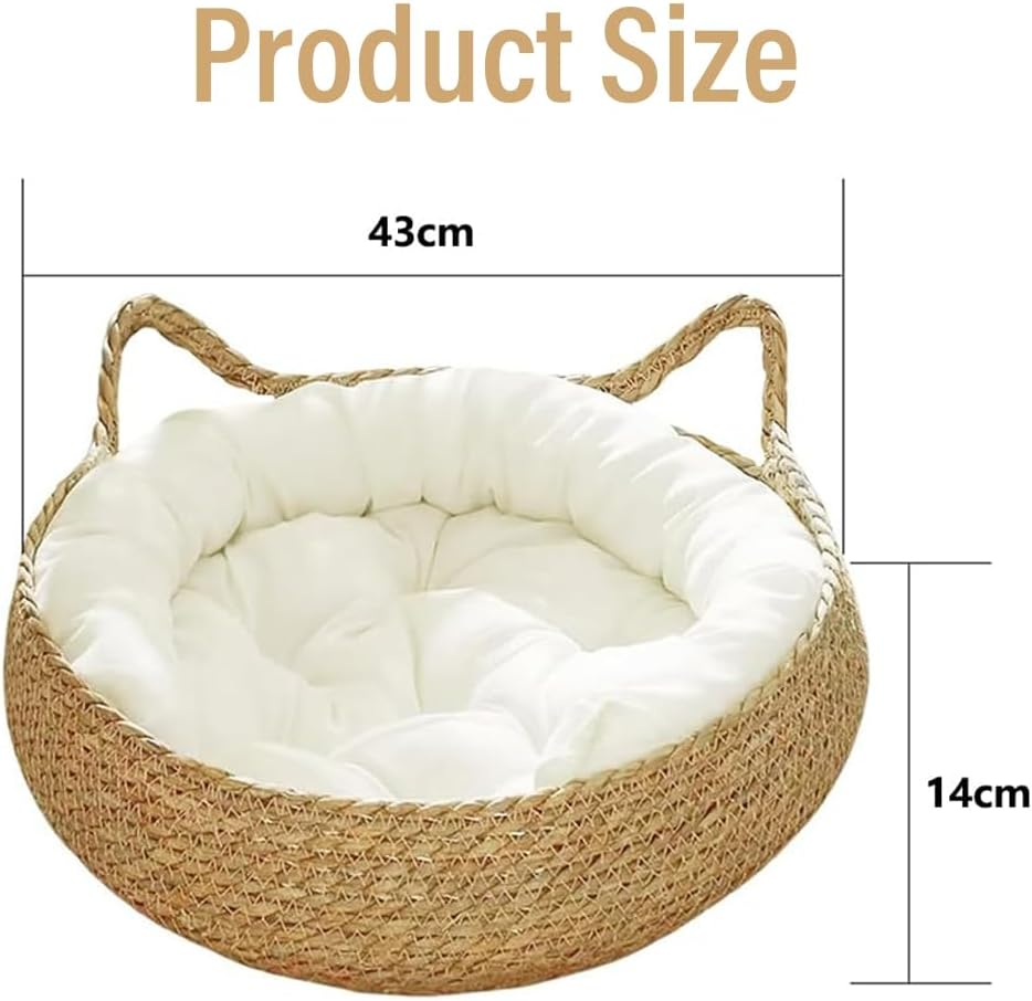 Handmade Woven Straw Cat Bed, Natural Cattail Leaf Nest with Soft Removable Cushion, round Basket Pet House for Cats, Kittens, Small Dogs and Rabbits image number 6