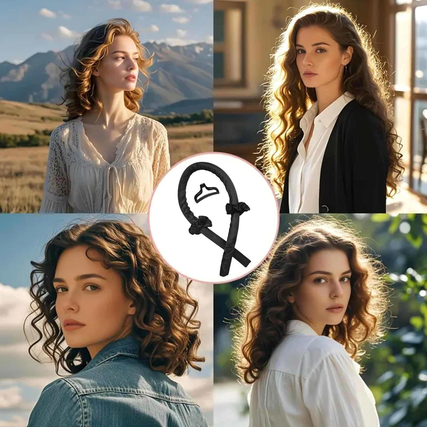 Soft Satin Heatless Hair Curler Set | 1 Curling Rod with 2 Silk Scrunchies & 1 Hair Claw Clip for Effortless Overnight Curls, Heat-Free Styling Tool for All Hair Types (Black, One Size) image number 3