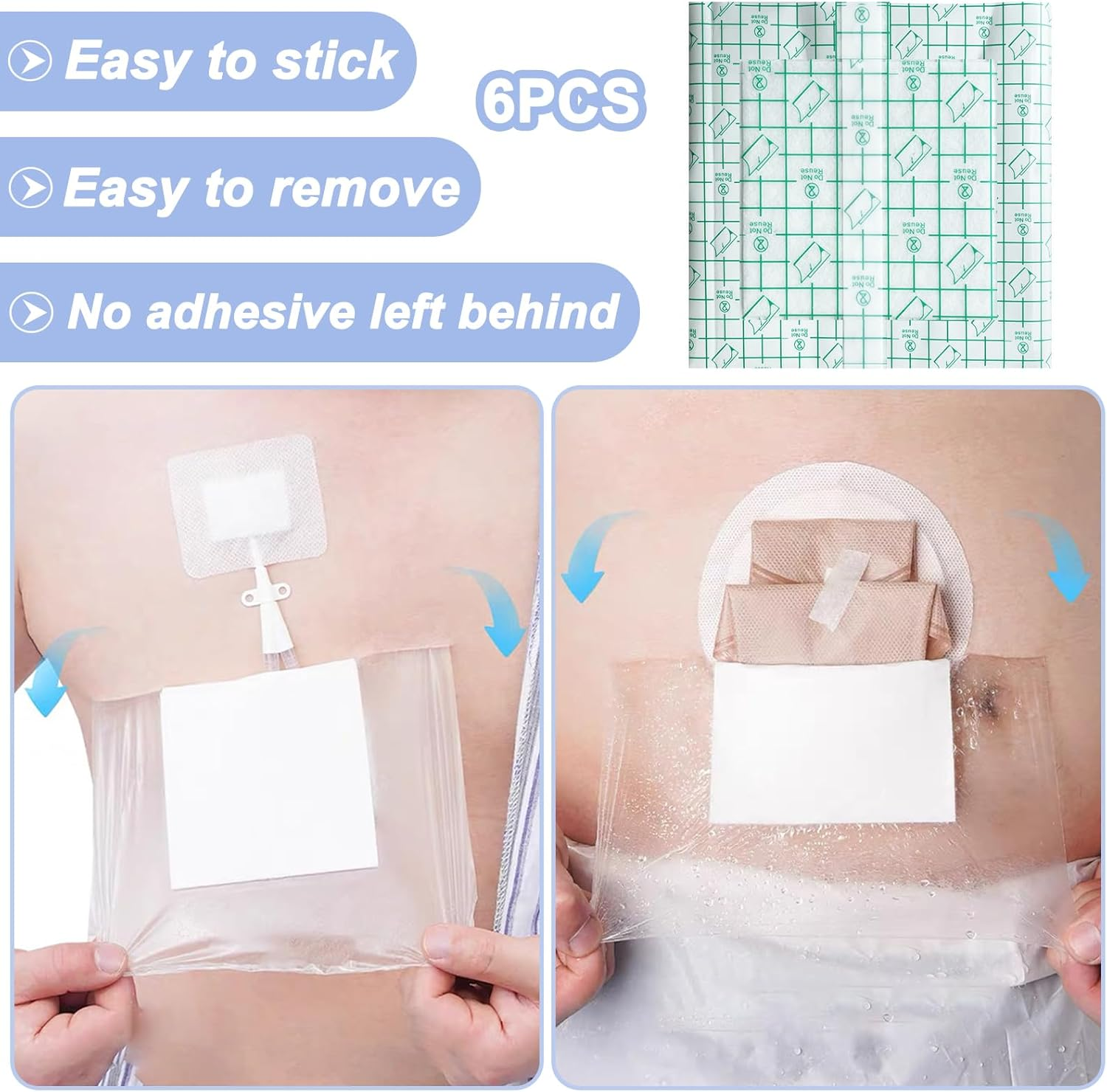 Wound Adhesive Film Bandage,Dialysis Catheter Shower Cover,Waterproof Ostomy Bag Protector Shield,Large Adhesive Dressing Absorbent Patche-10"X10"-6Pcs image number 2