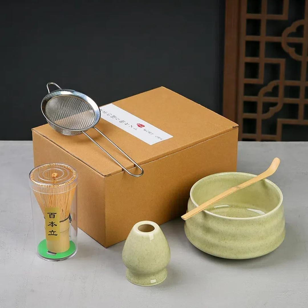 Matcha Set, 6Pcs Matcha Kit Set Includes Bowl with Spout and Bamboo Whisk, Bamboo Scoop, Spoon and Stainless Sifter, Gradient Green Japanese Tea Making Tools