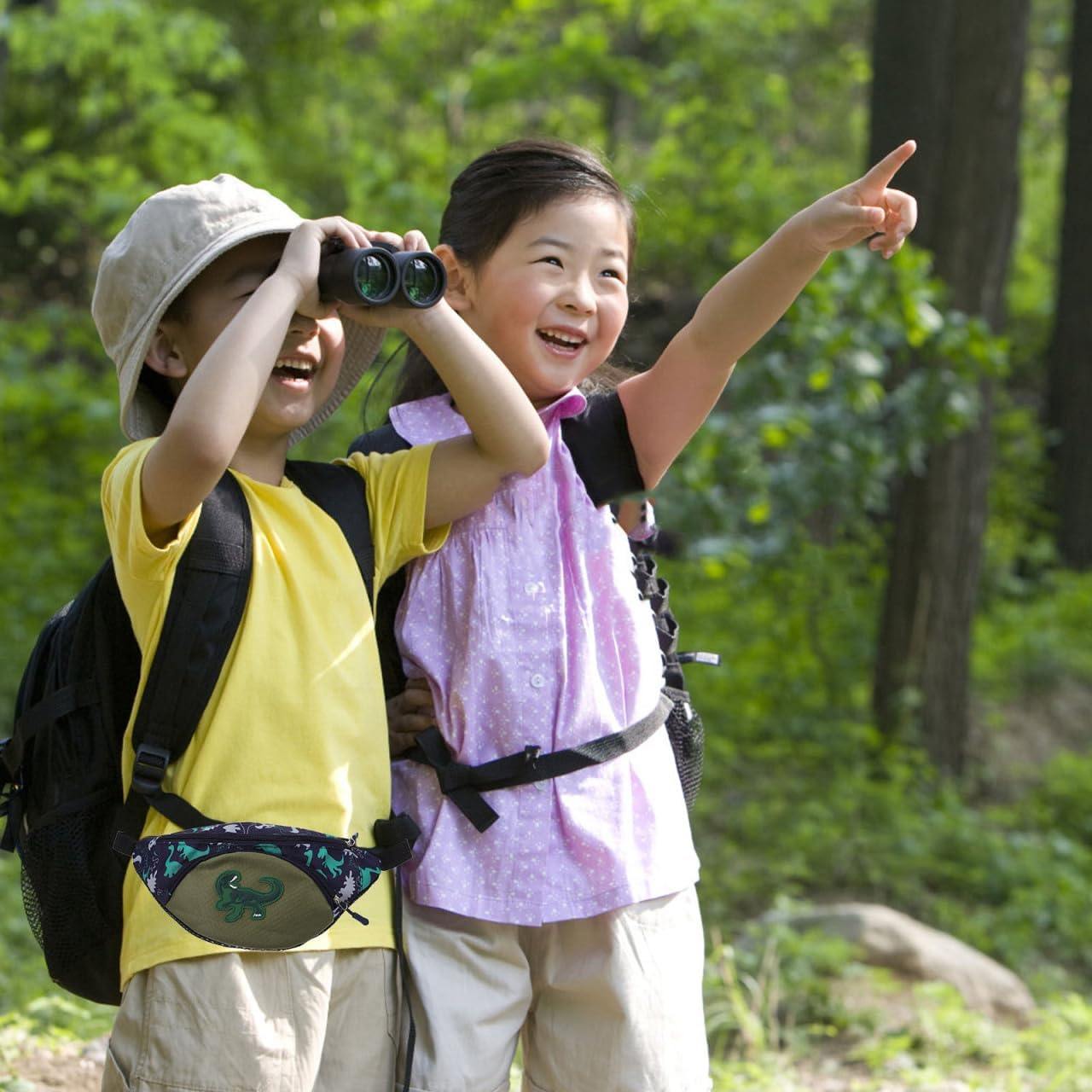 Kichvoe Dinosaur Waist Pack for Kids Adjustable Crossbody Chest Pouch Lightweight Portable Shoulder Bag for Children Outdoor Activities Travel and School Green