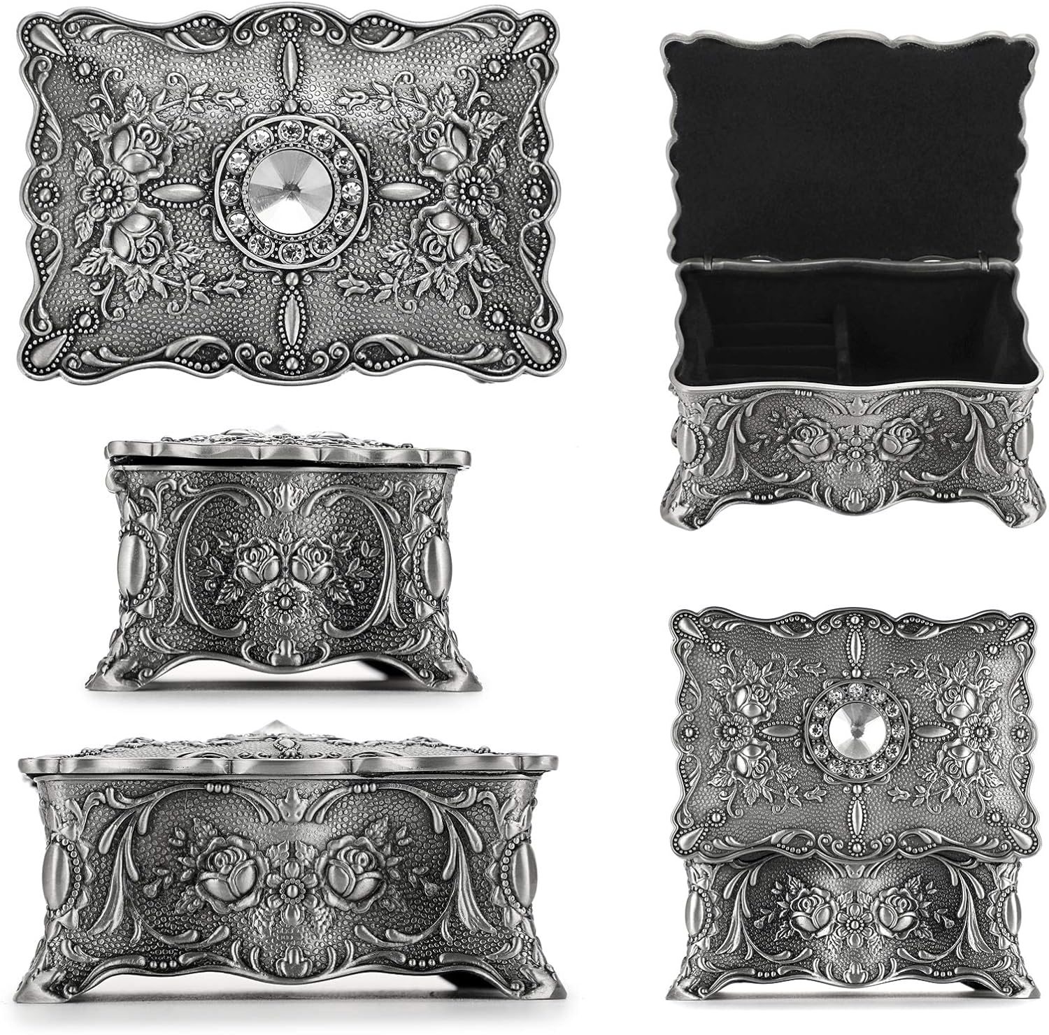 Hipiwe Vintage Jewelry Box, Metallic Grey Floral Rectangular Treasure Chest Box, 3.7" X 2.7" X 2", Keepsake Gift Box Case for Women Girls image number 2