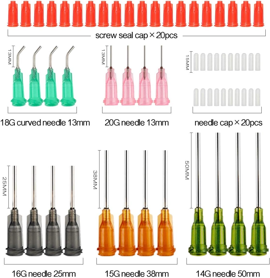 Syringe Set with Blunt Needle, 1Ml 3Ml 5Ml 10Ml 20Ml Syringes with 14G 15G 16G 18G 20G Blunt Needles and Syringe Cap for DIY Craft Glue Refill Industrial Use (80Pcs) image number 1