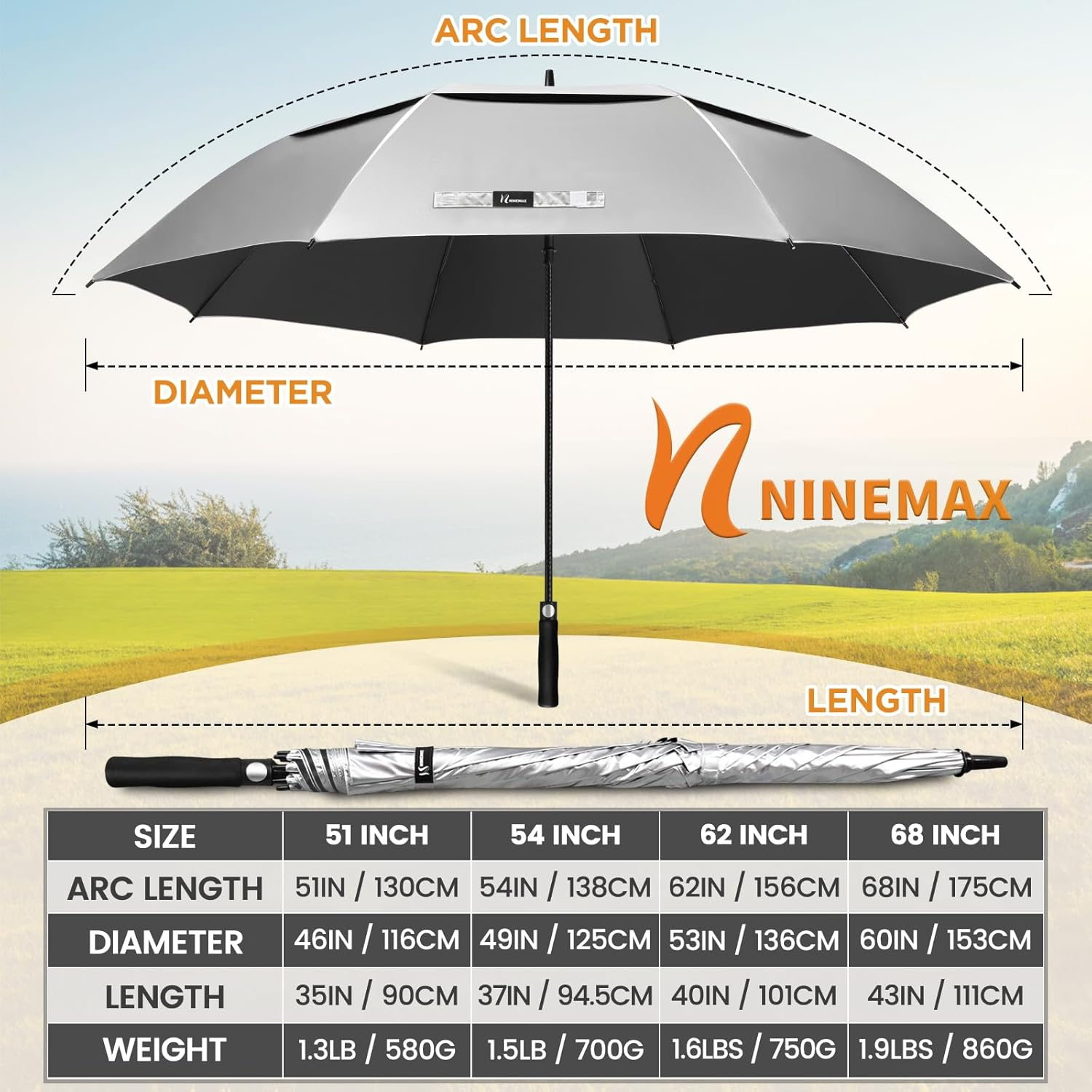 NINEMAX Golf Umbrella 68/62/ Inch UV Protection Large Umbrellas Windproof Double Canopy, Automatic Open Umbrellas image number 5