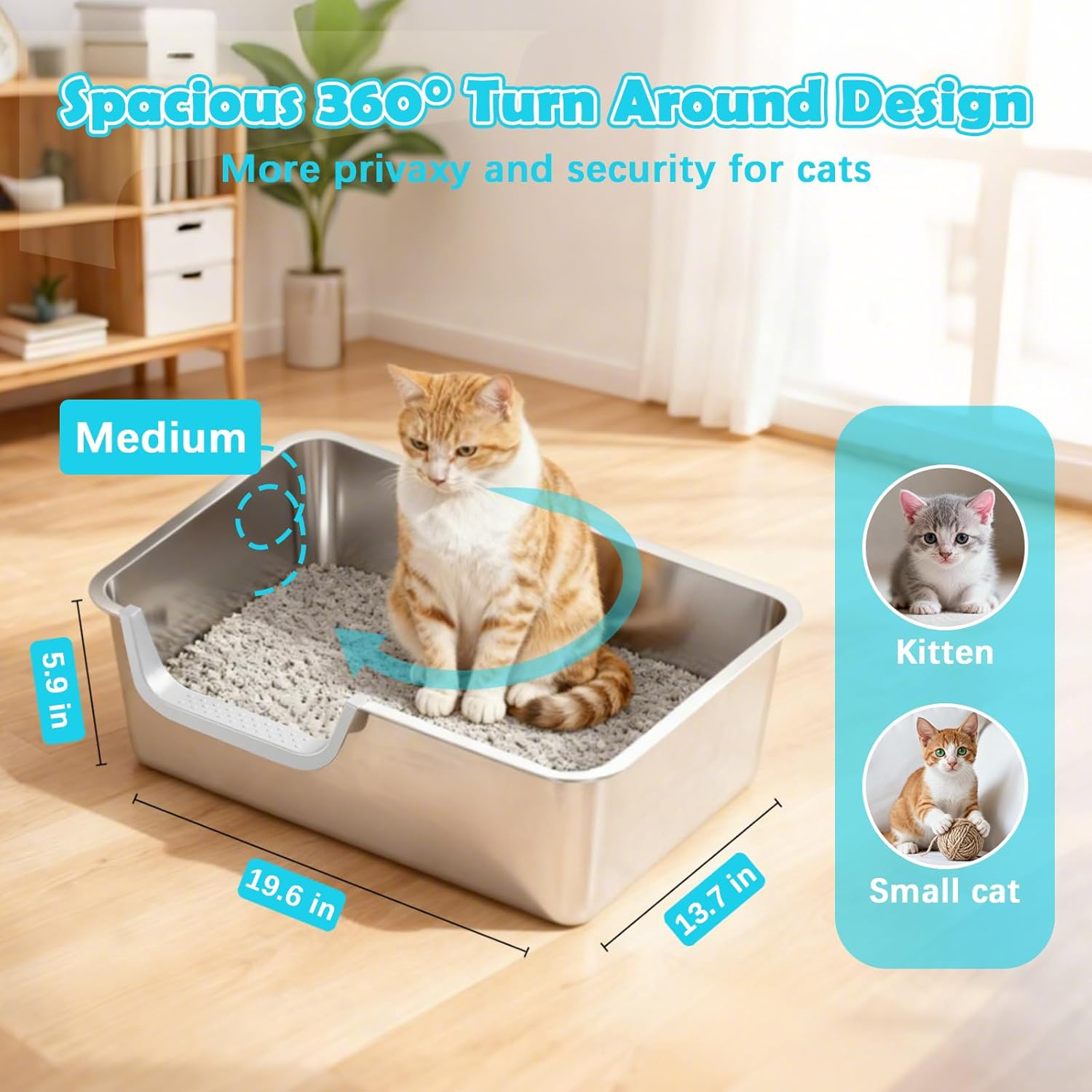 Stainless Steel Litter Box with High Sides,Metal Litter Box with Low Entry for Kittens & Senior Cats,Large Cat Litter Boxes,19.6" L X 13.7" W X 5.9" H,Non-Sticky,Easy to Clean (Middle Entry) - Middle Entry image number 4