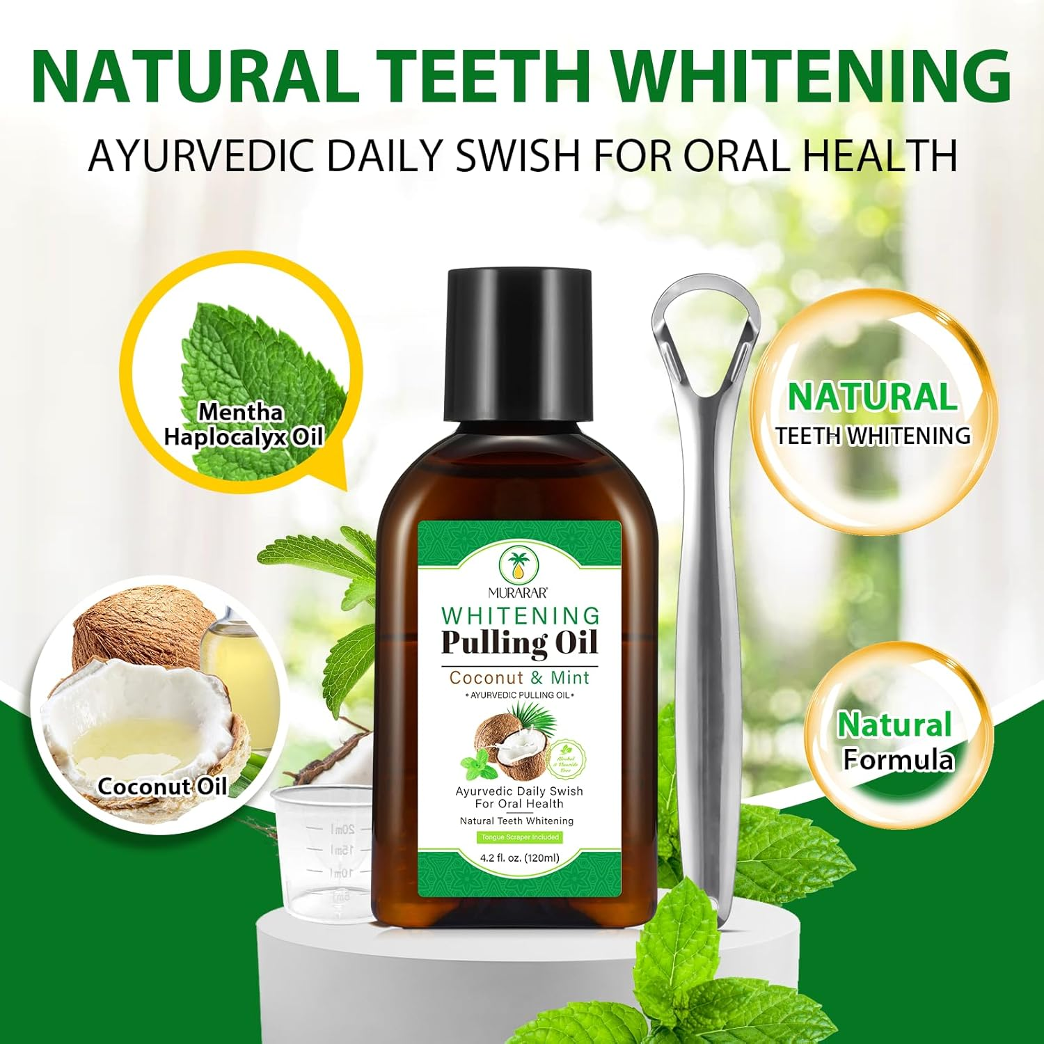 Pulling Oil Mouthwash for Natural Teeth Whitening, Coconut & Mint Pulling Oil, Daily Swish for Oral Health, Fresh Breath, Tongue Scraper Included, Alcohol & Fluoride Free, 4.2 Fl. 0Z. (120Ml) image number 1