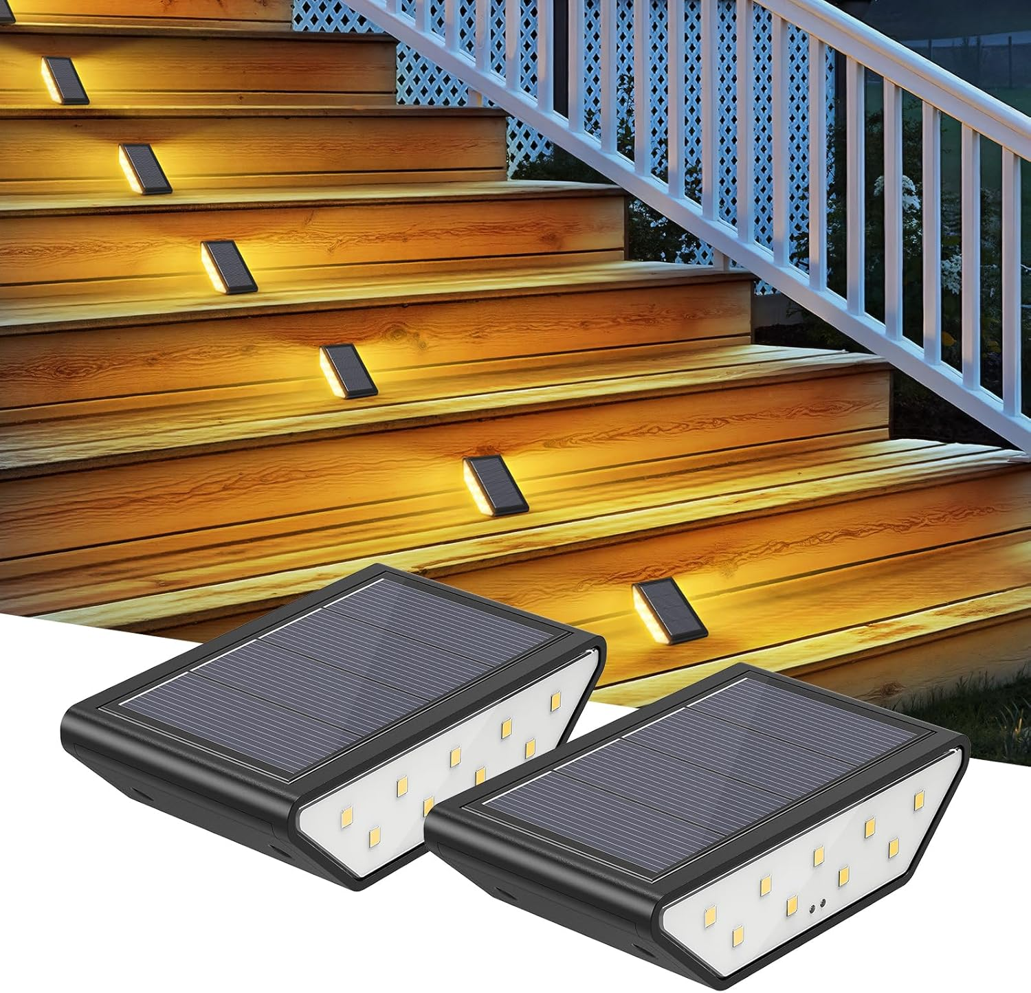 Smiling Shark Solar Lights for Outdoors, Pack of 2 Solar LED Stair Lighting Outdoor Warm White Double-Sided Lighting IP65 Waterproof Solar Step Lights for Garden Patio Walkway image number 4