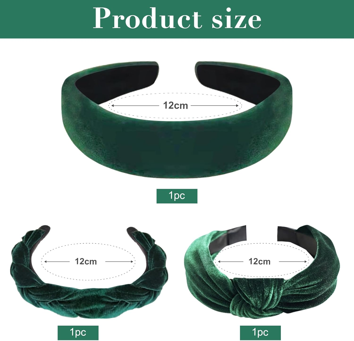 Yeomju Pack of 3 Velvet Headband Braided Dirndl Hair Accessories, Wide Padded Headband with Knot for Women and Girls, Vintage Headband in Dark Green for Carnival and Theme Party image number 4