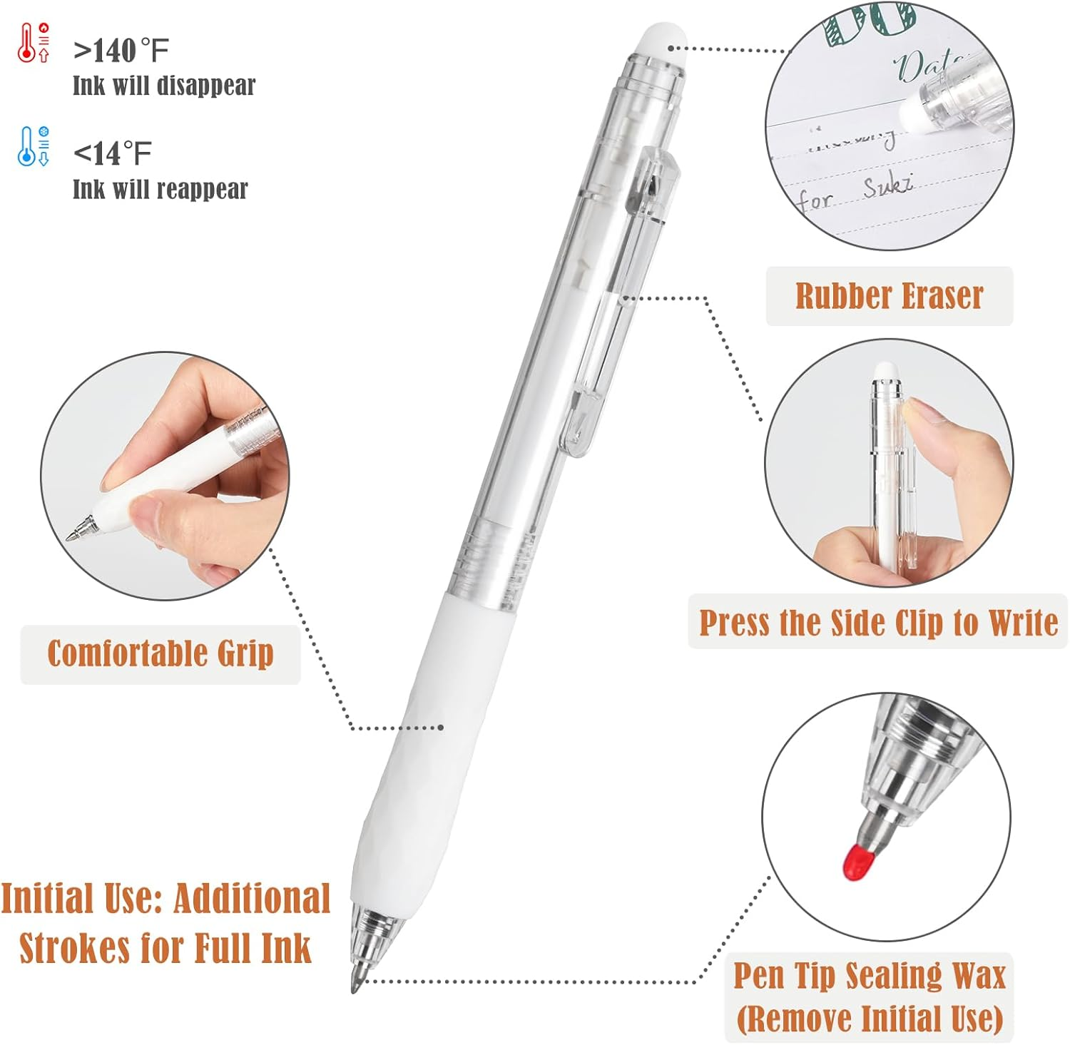 BAYTORY 8Pcs Fine Point Erasable Gel Pens, 0.5Mm Retractable Black and Blue Ink Pen, Smooth Writhing Comfortable to Use for Taking Marking Planner Crossword Puzzles (White) - White image number 5