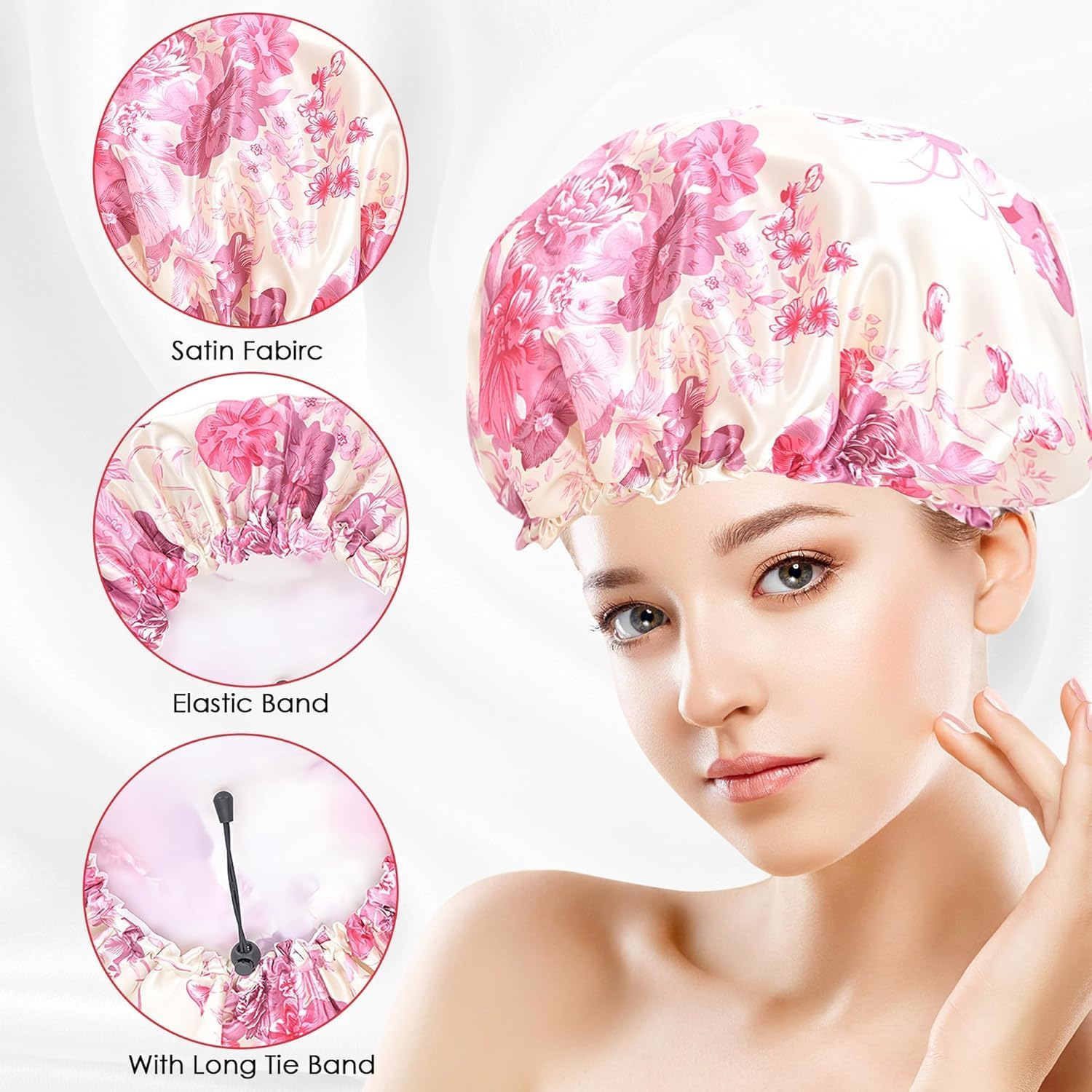 Large Reusable Shower Caps, Double Layer Elastic Shower Cap for Women, Waterproof Adjustable Hair Bath Caps for Long Hair (White, Pink, One Size)