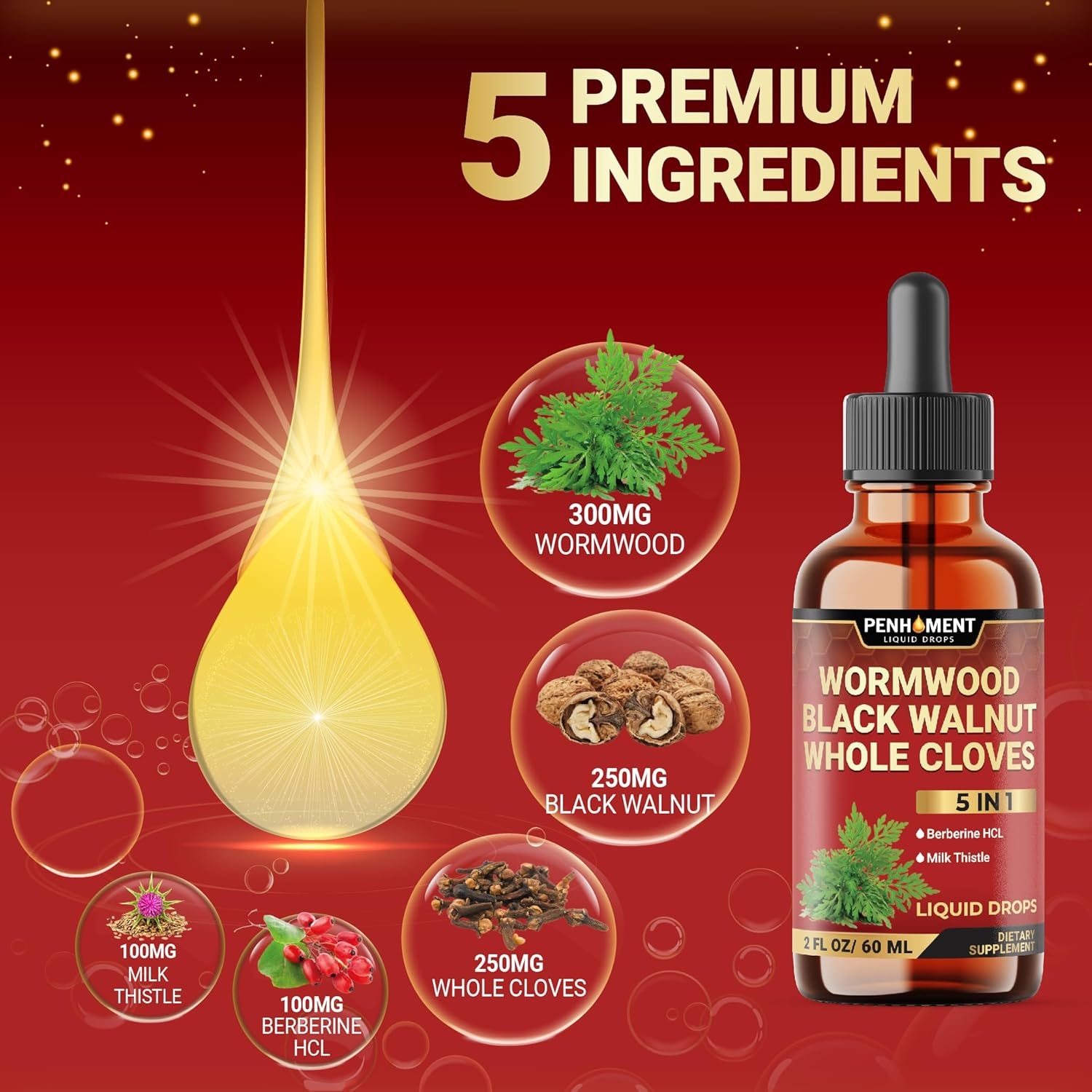 Penhoment 5In1 Wormwood Liquid Drops - Black Walnut Cloves Extract, Berberine, Milk Thistle - 2 Fl Oz - 60 Days Supply image number 5