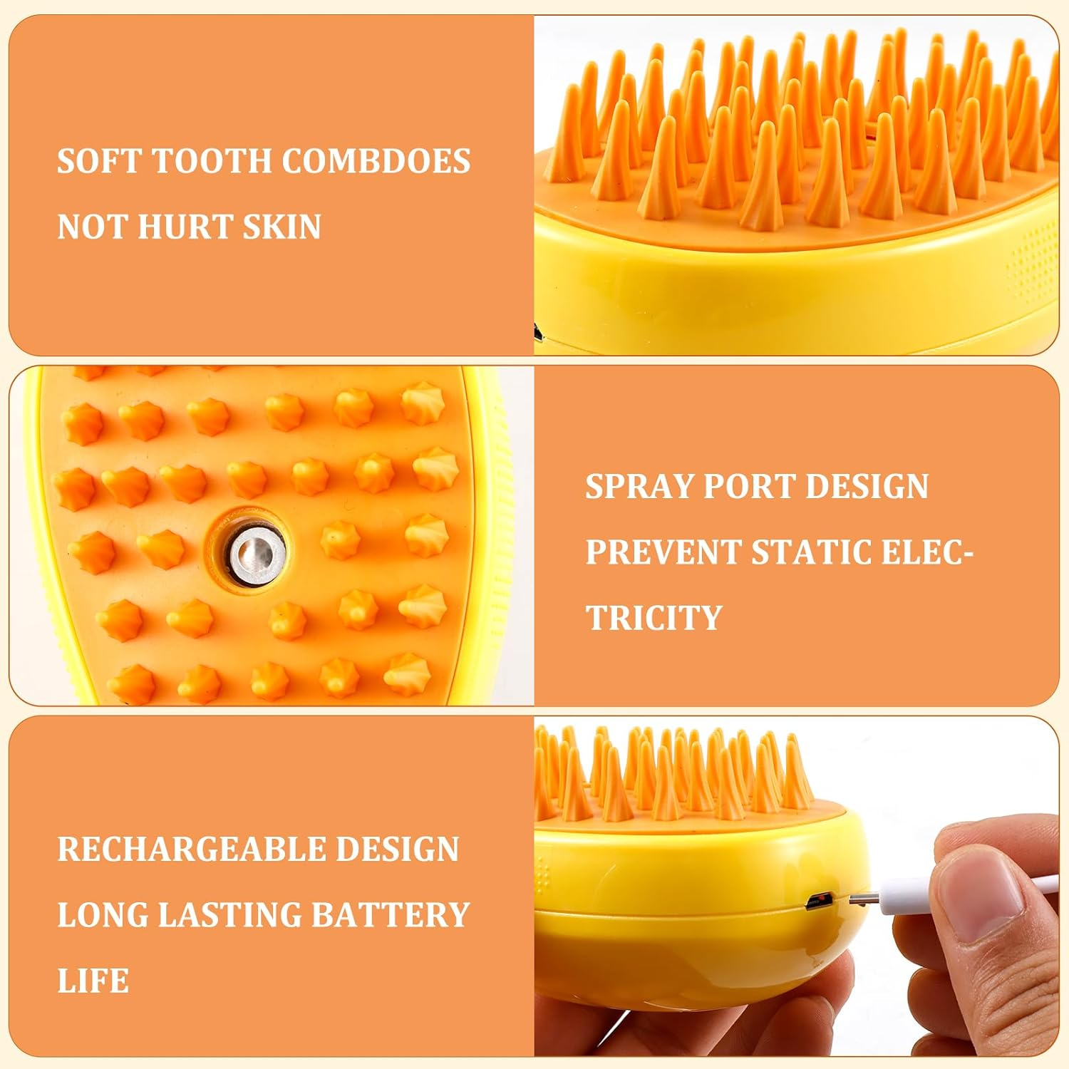 Steamy Cat Brush 3 in 1 Cat Steamy Brush USB Rechargeable Steamy Cat Brush for Shedding Efficient Cat Grooming Brush 4.5&times;2.6&times;2.4 Inch Cat Steam Brush Cat Steam Brush for Removing Tangled Loose Hair (Yellow) image number 6