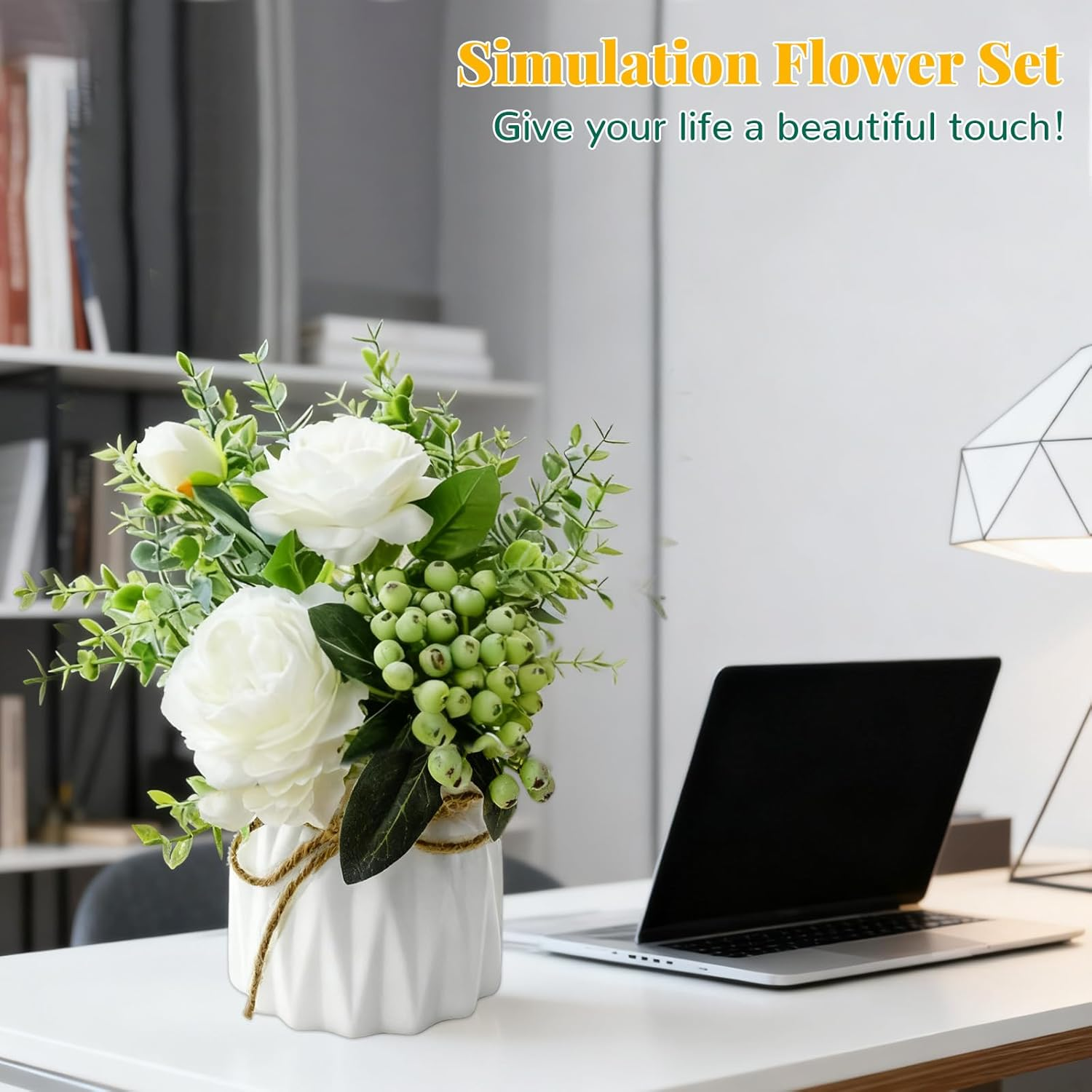 Artificial Eucalyptus Rose Berry Bouquet with Ceramic Vase, 20Cm, Plastic Flowers for Home, Living Room, Office Decor (Pinellia) image number 2