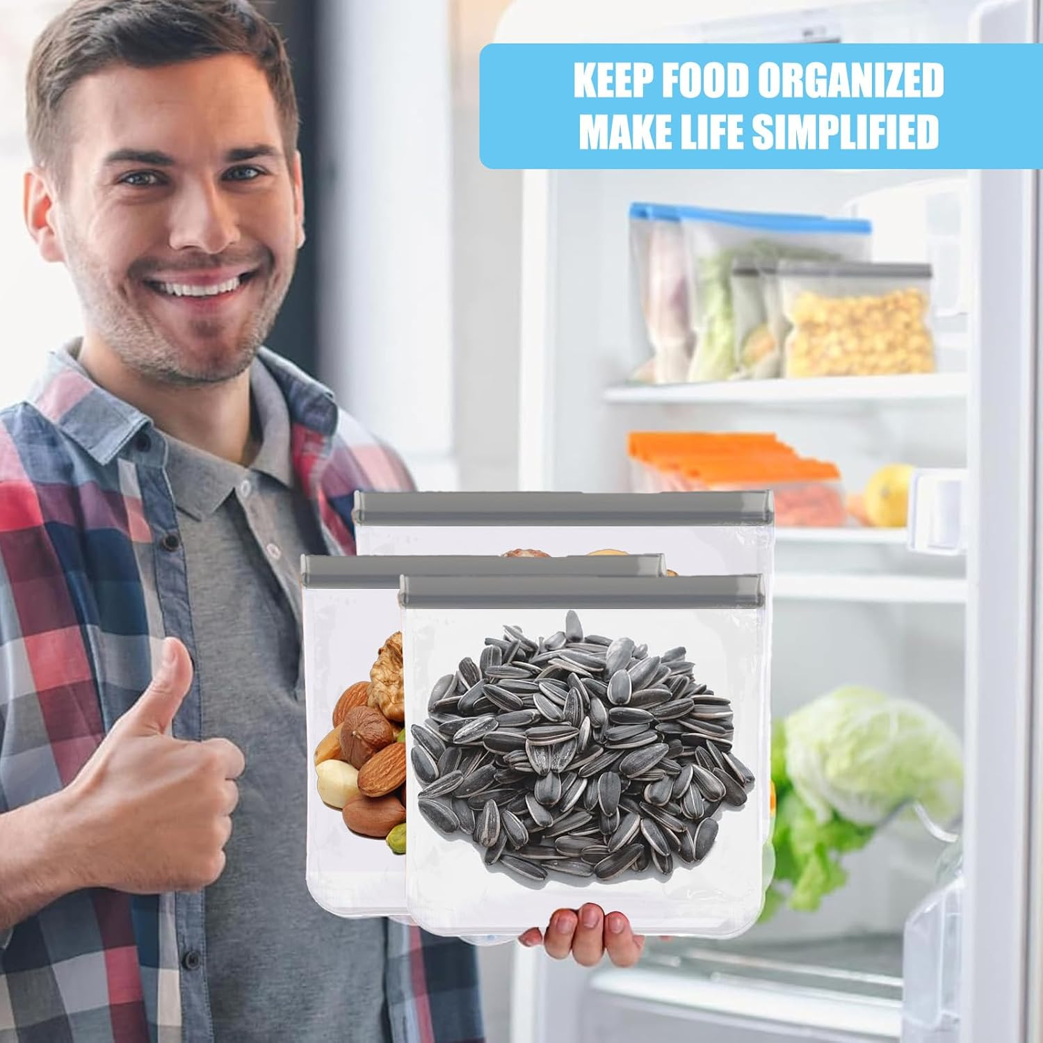 Freezer Bags PEVA, 11&times;11Inch, Leakproof, Dishwasher Safe, Bpa-Free+Stores Meats, Cereal, Veggies; Home Organization+Home Cooks, Families+Practical, Durable, Food-Safe+Reusable Freezer Bags(8Pcs, Grey) image number 1