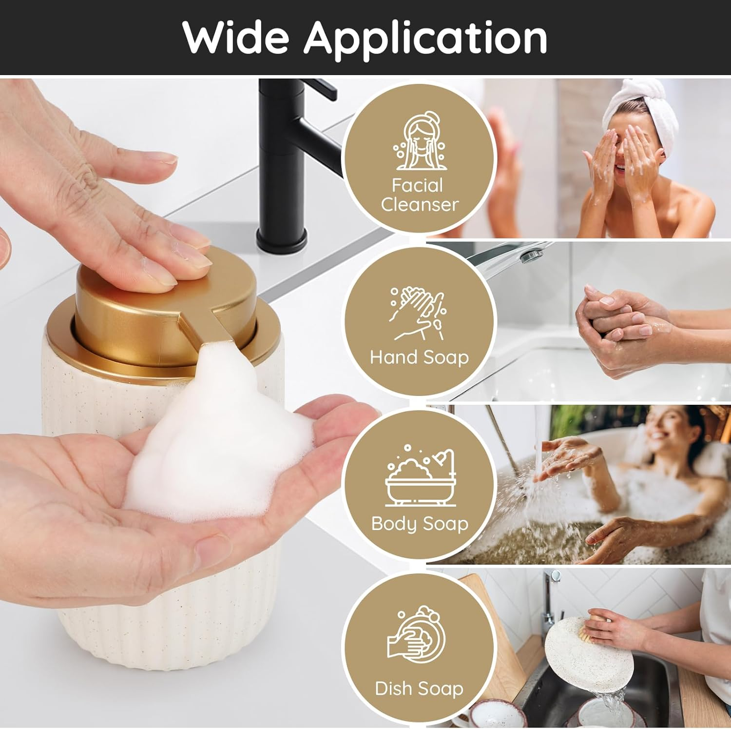 Segbeauty Foaming Soap Dispenser, 320Ml Hand Soap Dispenser Ceramic, Refillable Pump Bottle Dispenser, Foaming Hand Wash Dispenser with Gold Plastic Pump, for Kitchen Decor (White) image number 5